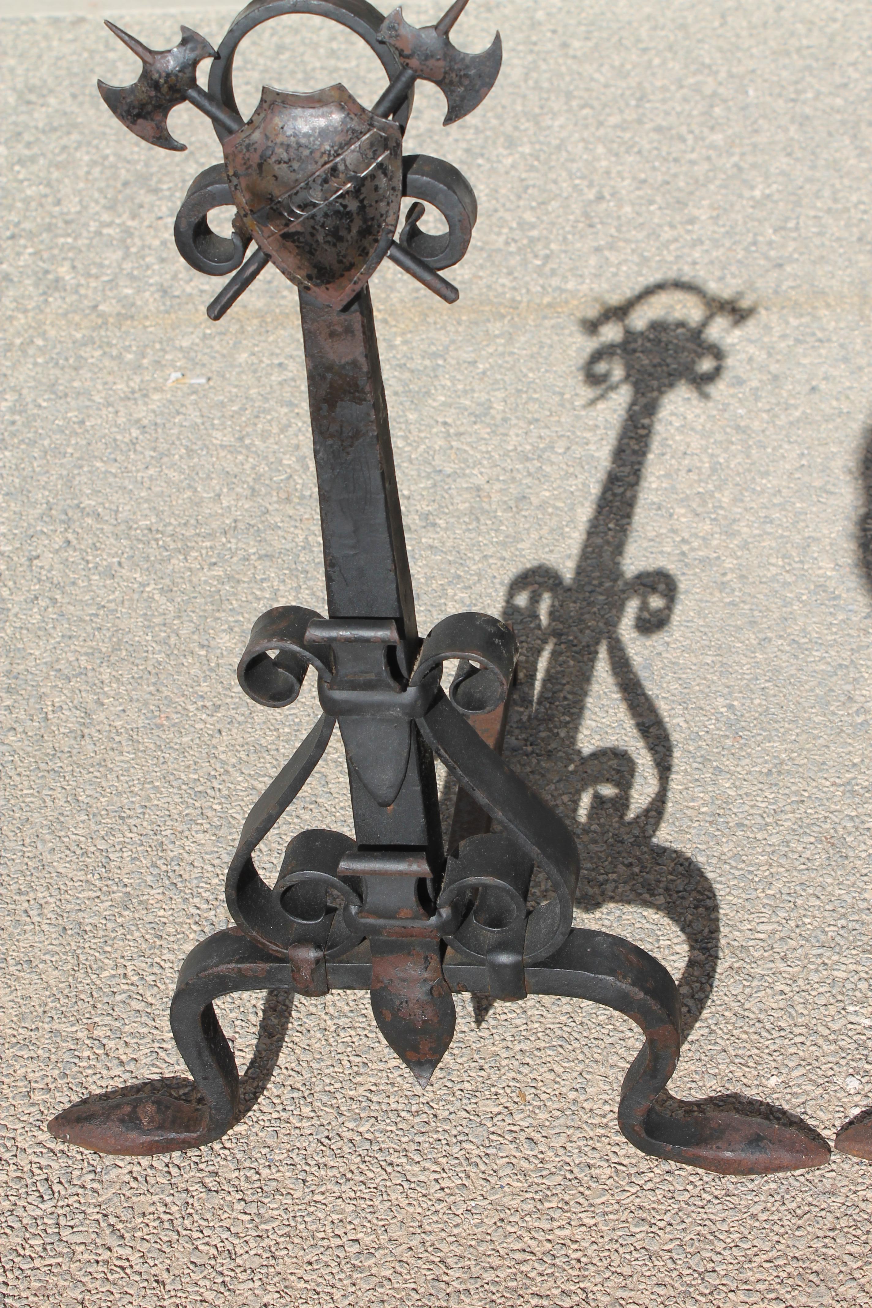 American Monumental Pair of Forged Iron Spanish Revival Andirons For Sale