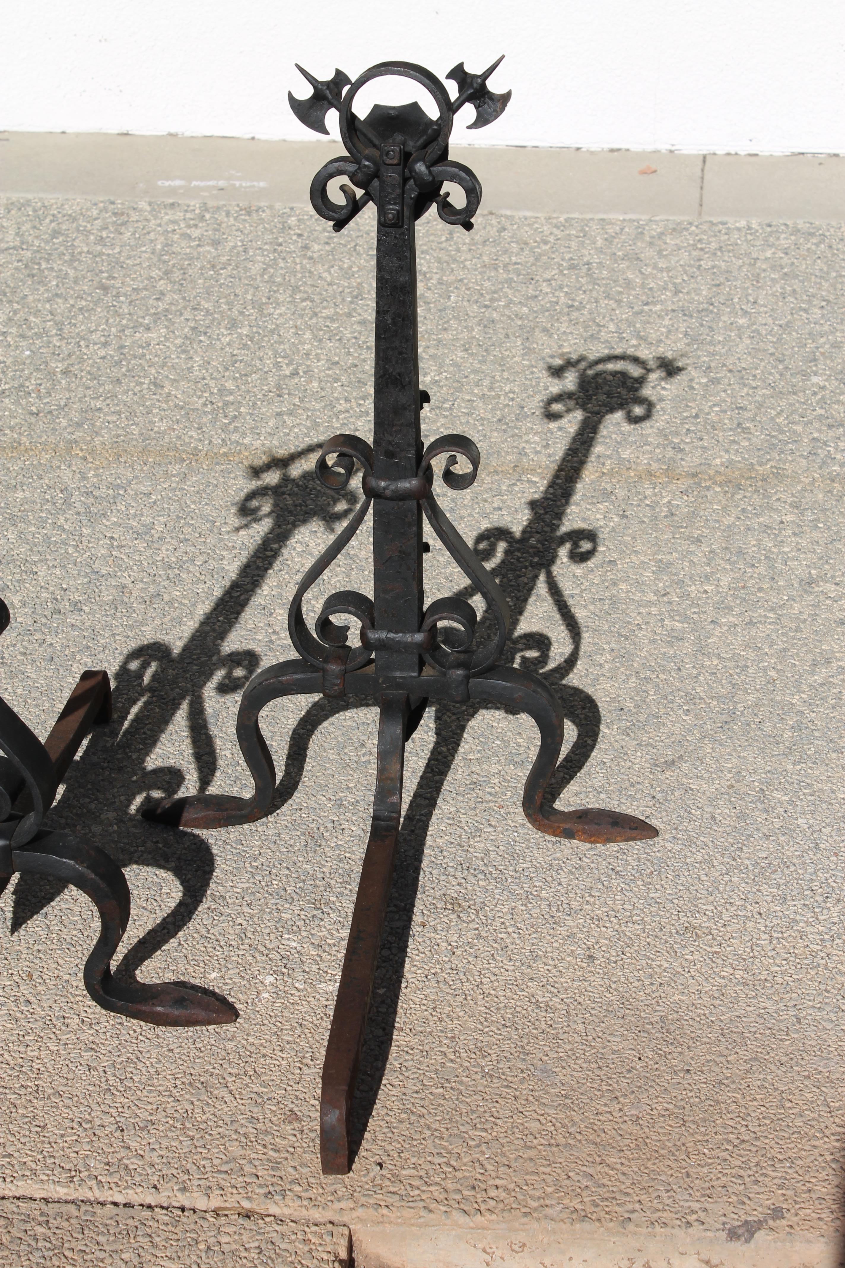 Steel Monumental Pair of Forged Iron Spanish Revival Andirons For Sale