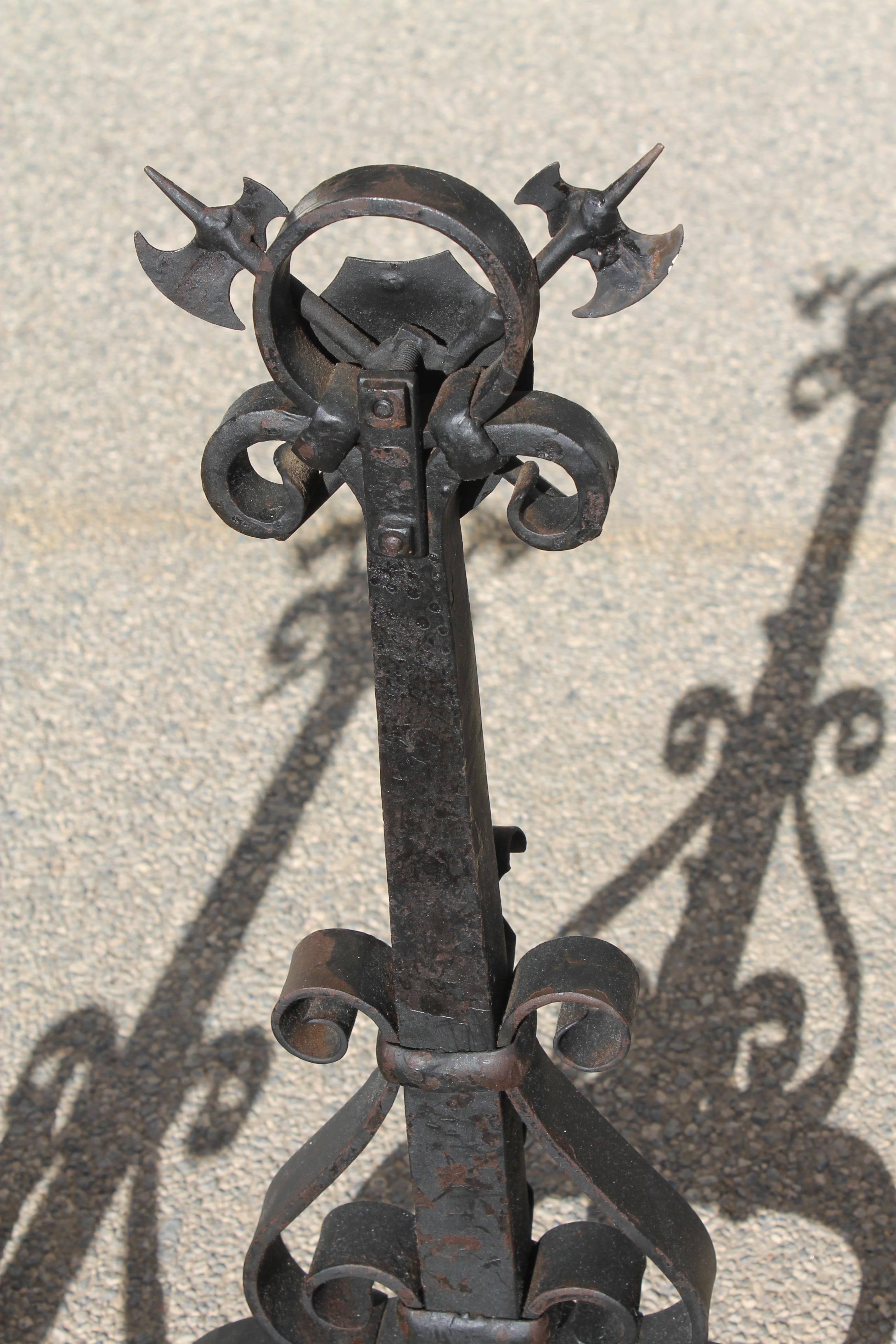 Monumental Pair of Forged Iron Spanish Revival Andirons For Sale 1
