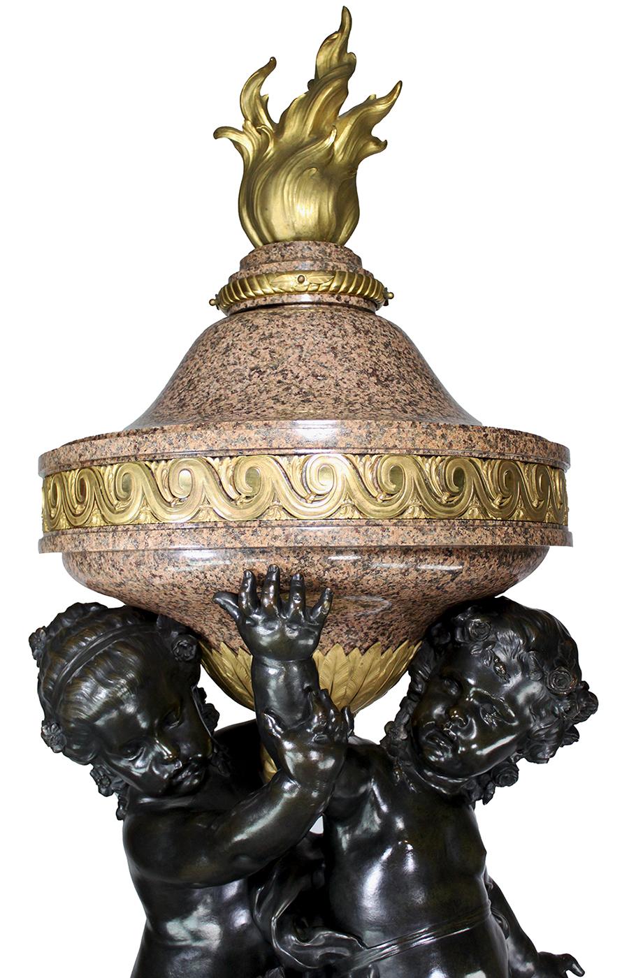 Carved Monumental Pair French 19th Century Putto Flambeaux Urns Torchere Urn Sculptures For Sale
