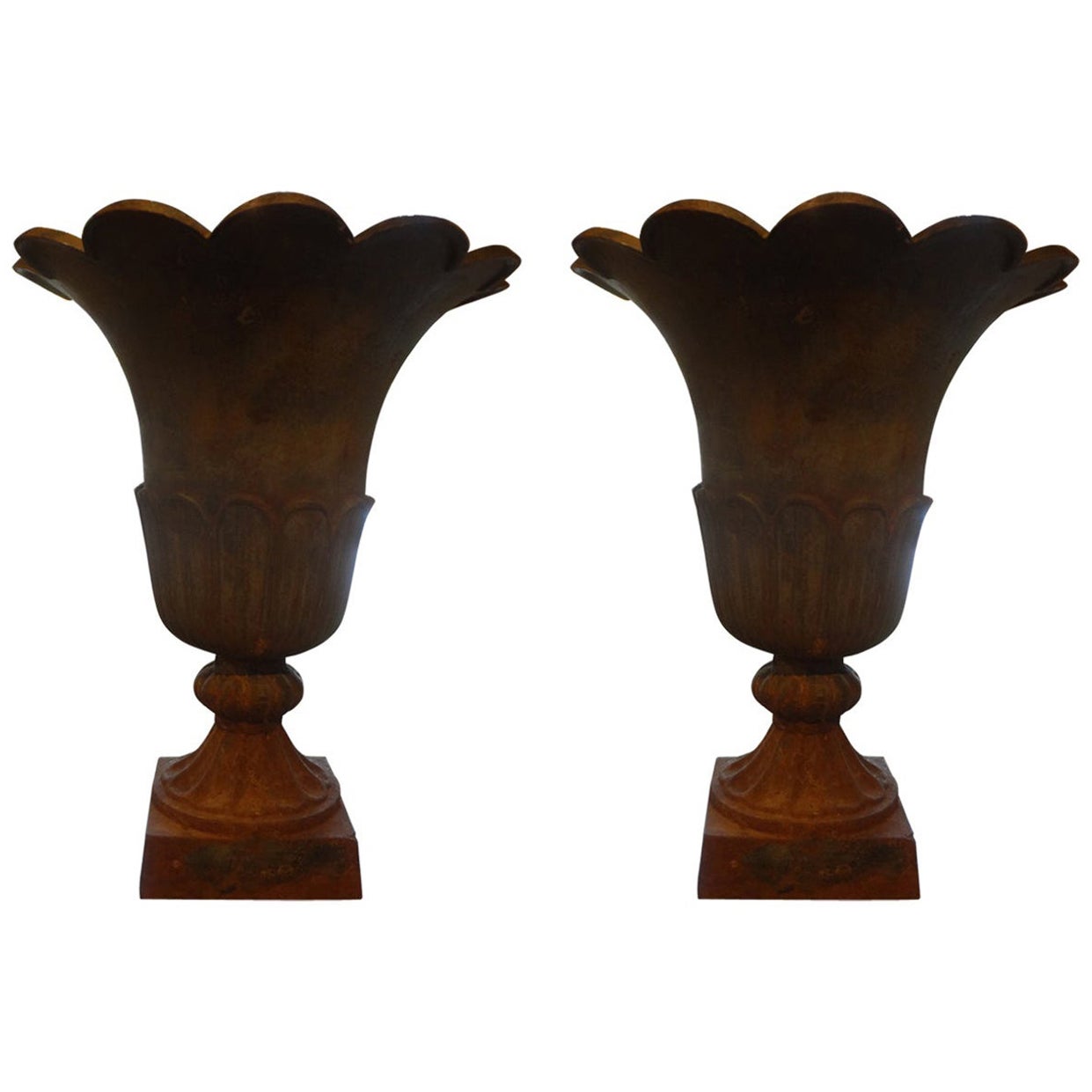Monumental Pair of French Art Deco Cast Iron Garden Urns