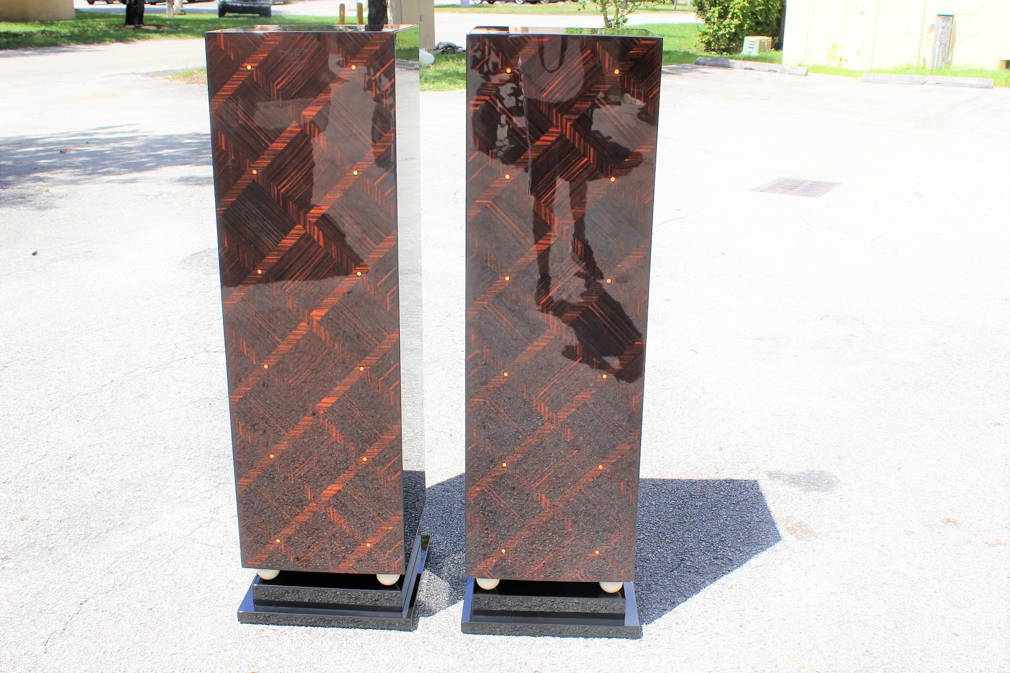 Art Deco Monumental Pair of French Exotic Macassar Ebony Pedestals MOP Accents For Sale