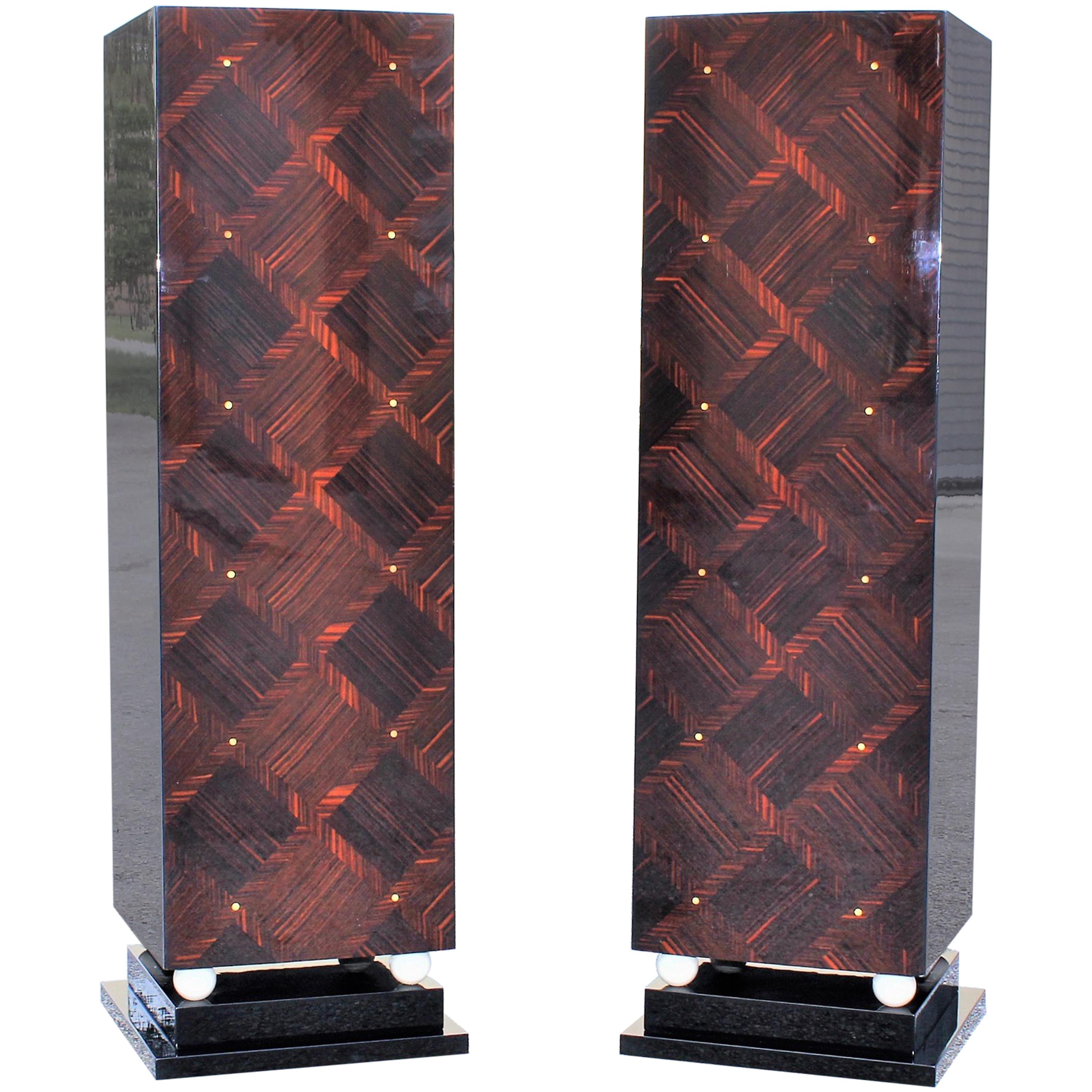 Monumental Pair of French Exotic Macassar Ebony Pedestals MOP Accents For Sale