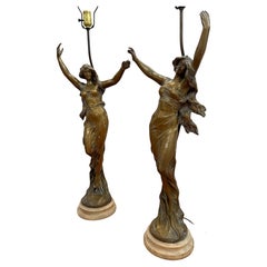 Monumental Pair of French Art Nouveau Figural Lamps, Circa 1900