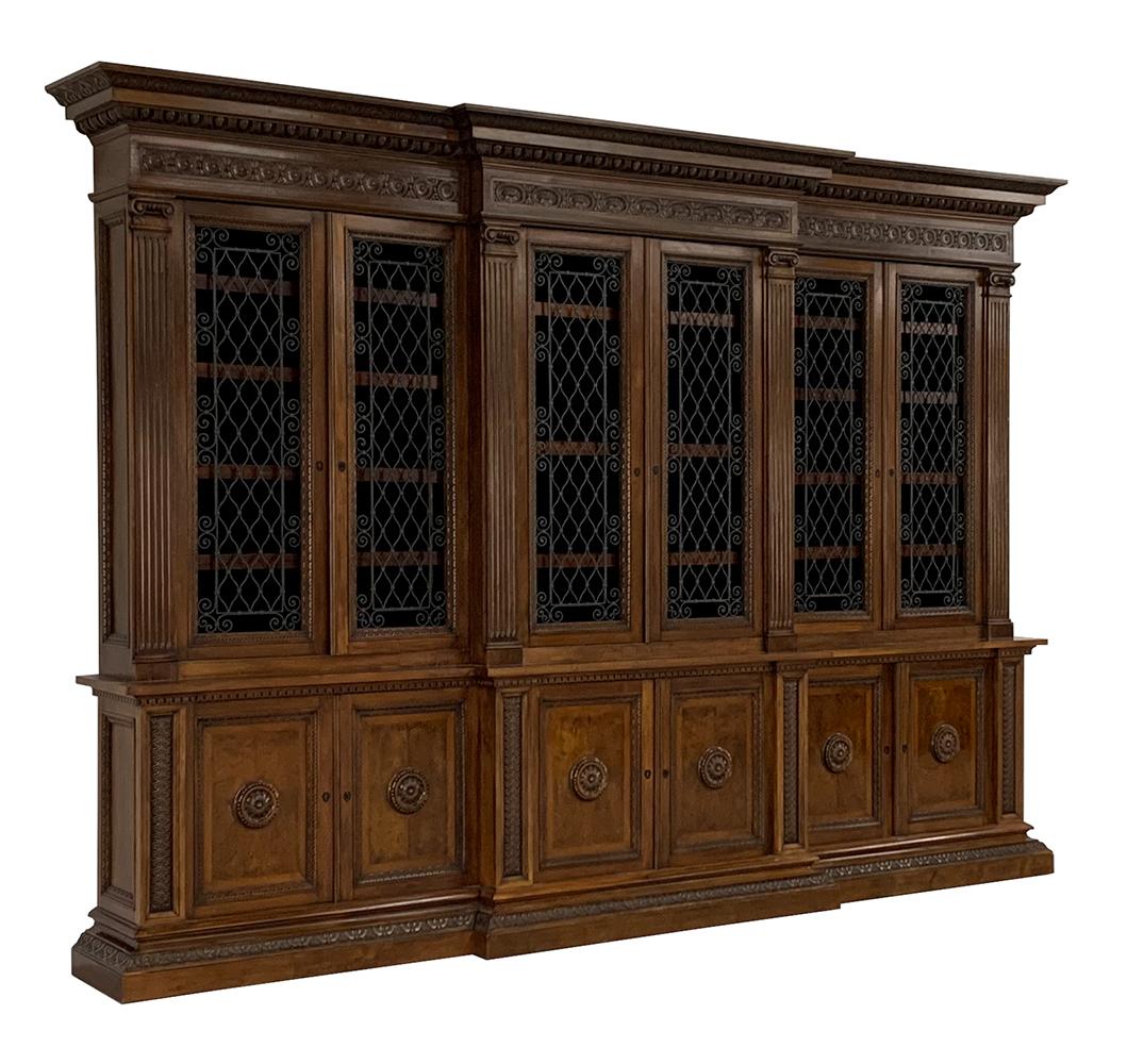 Iron Monumental Pair of French Carved Walnut Biblioteques