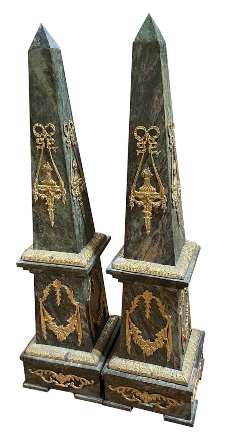 Hand-Carved Monumental Pair of French Empire Bronze Mounted Obelisks with Ormulu For Sale