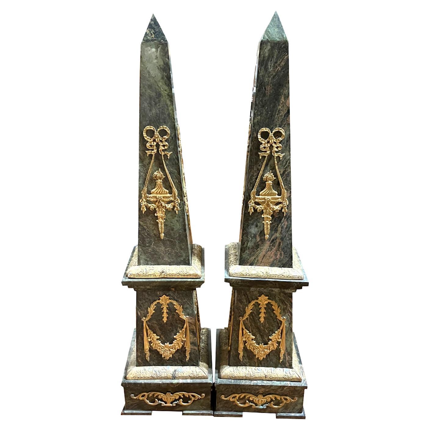 Monumental Pair of French Empire Bronze Mounted Obelisks with Ormulu For Sale