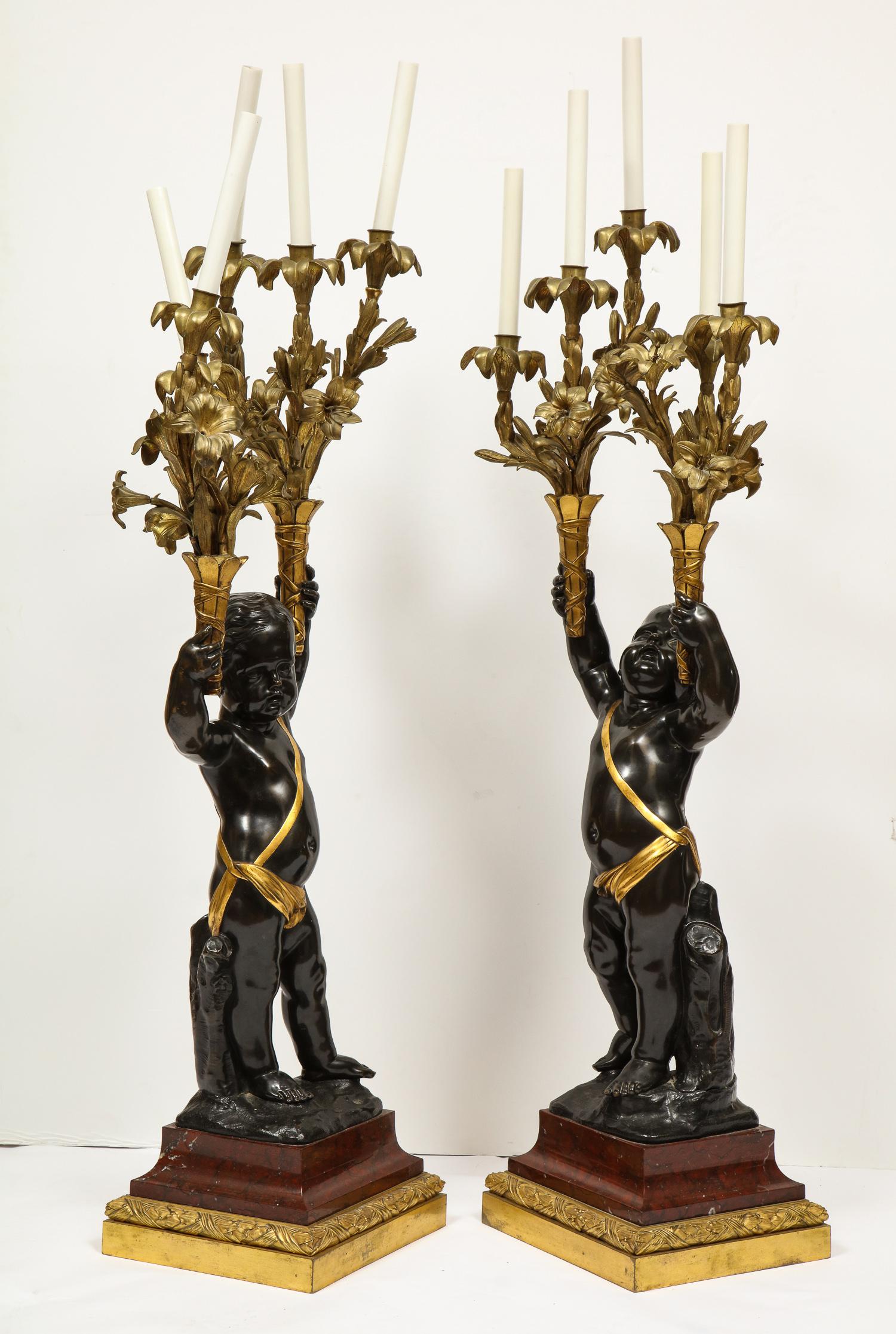 Monumental Pair of French Gilt and Patinated Bronze and Rouge Marble Candelabra 5