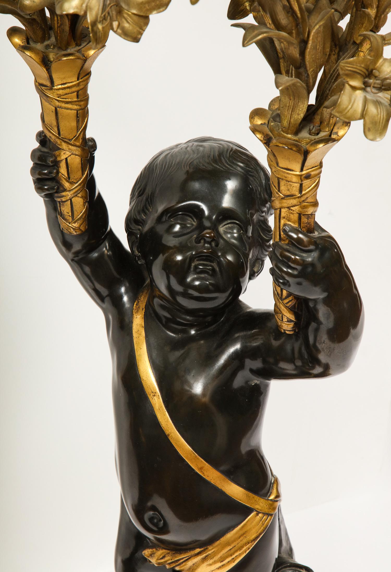 Monumental Pair of French Gilt and Patinated Bronze and Rouge Marble Candelabra 6