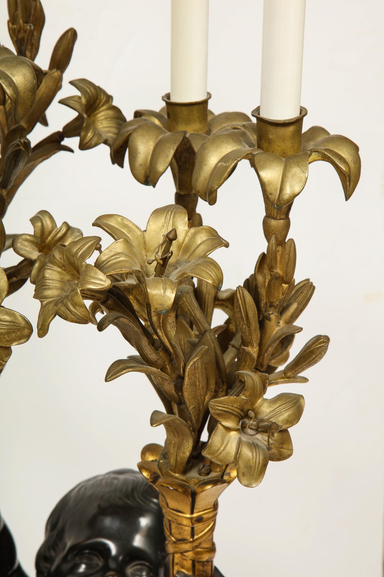 Monumental Pair of French Gilt and Patinated Bronze and Rouge Marble Candelabra 7
