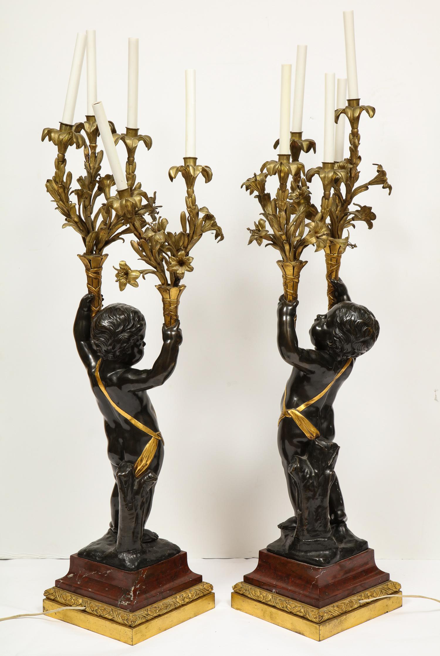 Monumental Pair of French Gilt and Patinated Bronze and Rouge Marble Candelabra 8