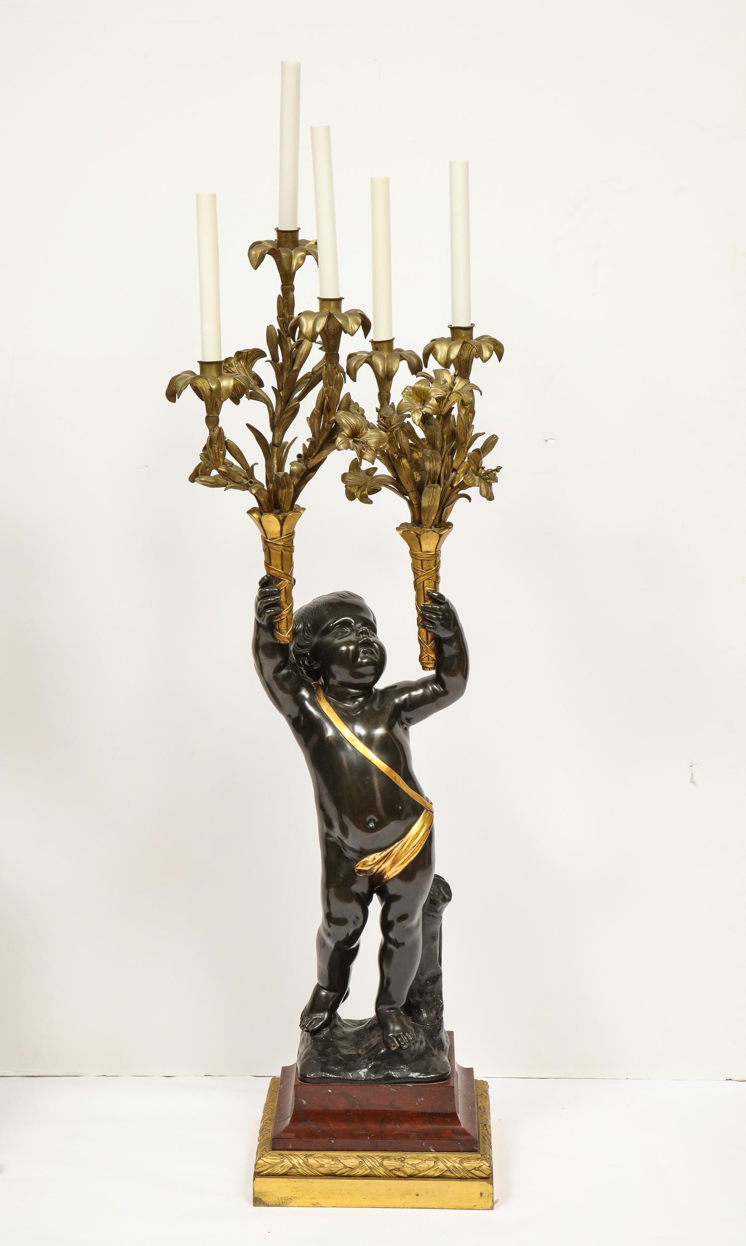 Monumental Pair of French Gilt and Patinated Bronze and Rouge Marble Candelabra 10