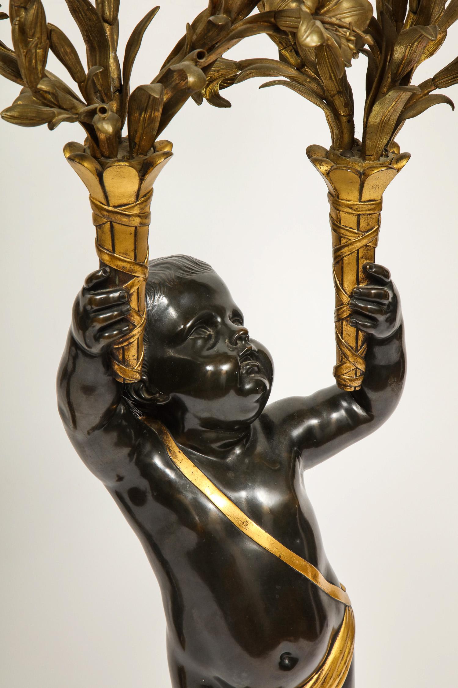 Monumental Pair of French Gilt and Patinated Bronze and Rouge Marble Candelabra 11