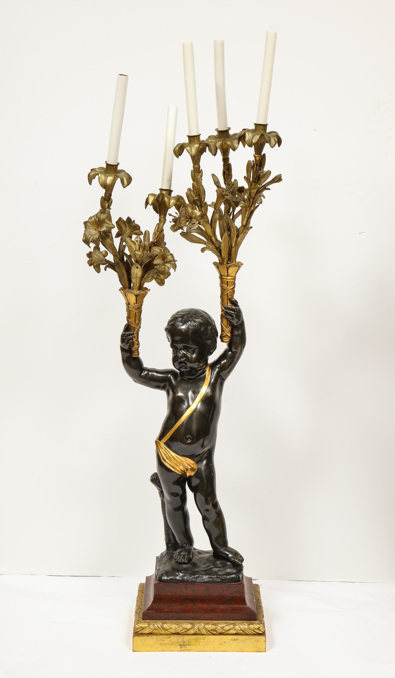 Monumental Pair of French Gilt and Patinated Bronze and Rouge Marble Candelabra 13