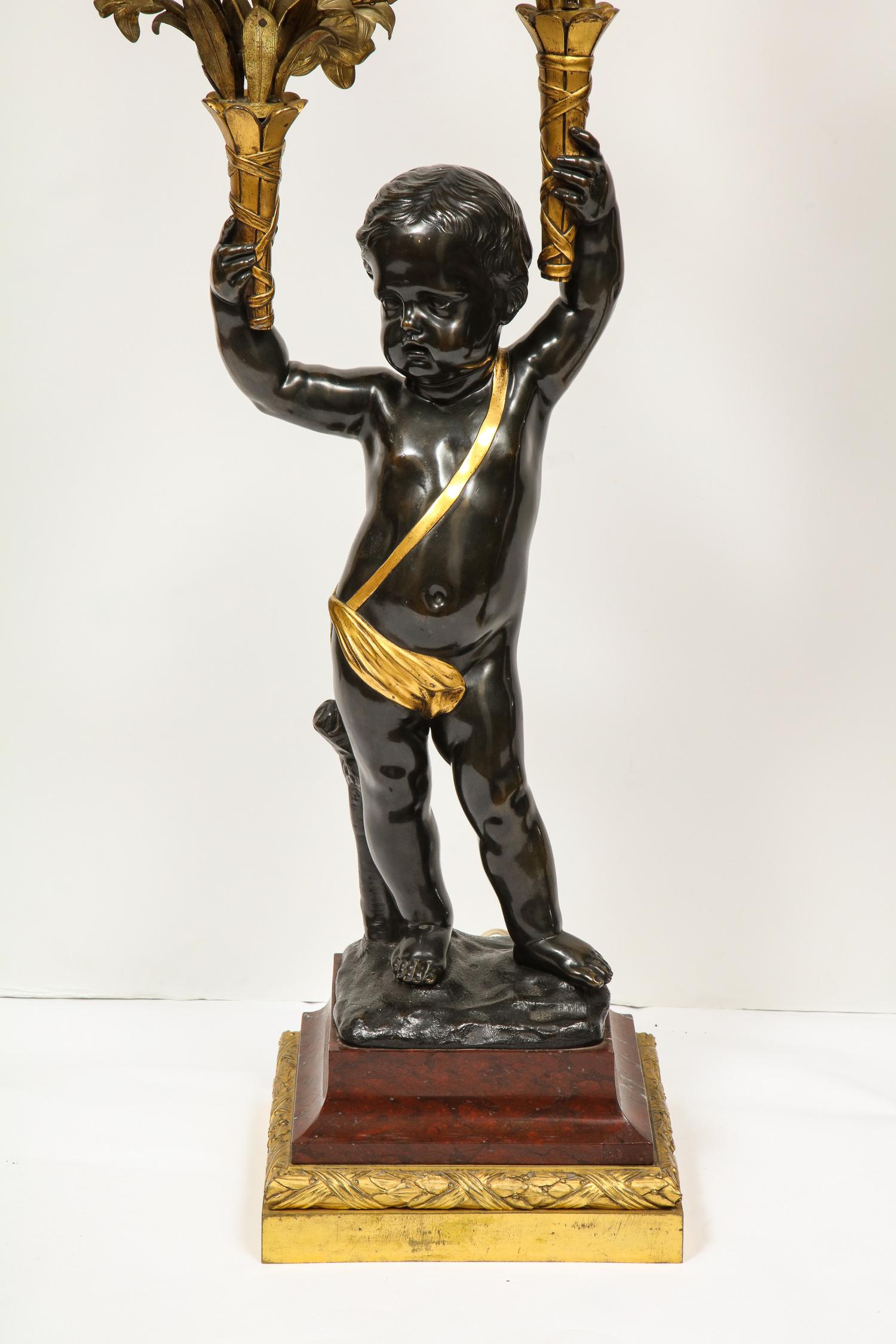 Monumental Pair of French Gilt and Patinated Bronze and Rouge Marble Candelabra 14