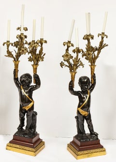 Monumental Pair of French Gilt and Patinated Bronze and Rouge Marble Candelabra