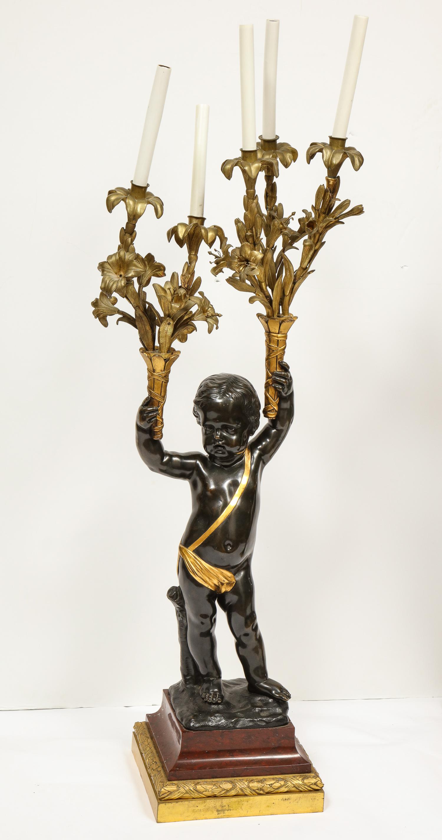 Monumental Pair of French Gilt and Patinated Bronze and Rouge Marble Candelabra 15