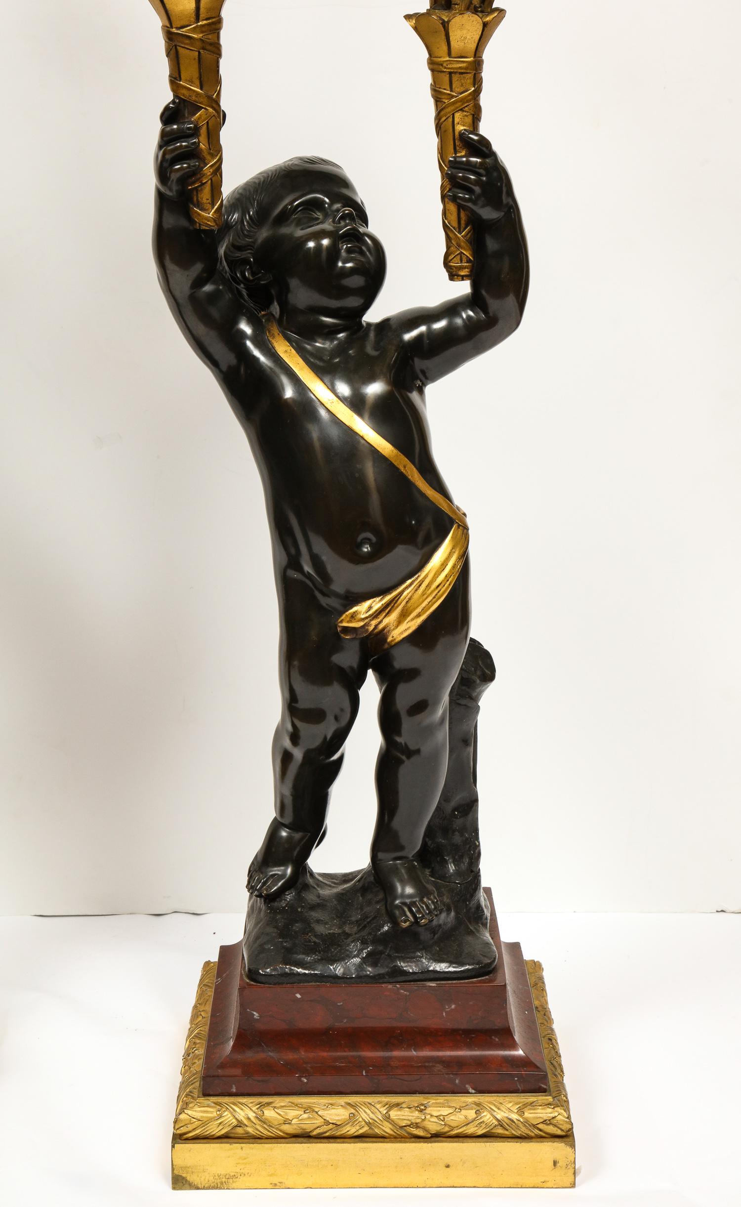 Napoleon III Monumental Pair of French Gilt and Patinated Bronze and Rouge Marble Candelabra