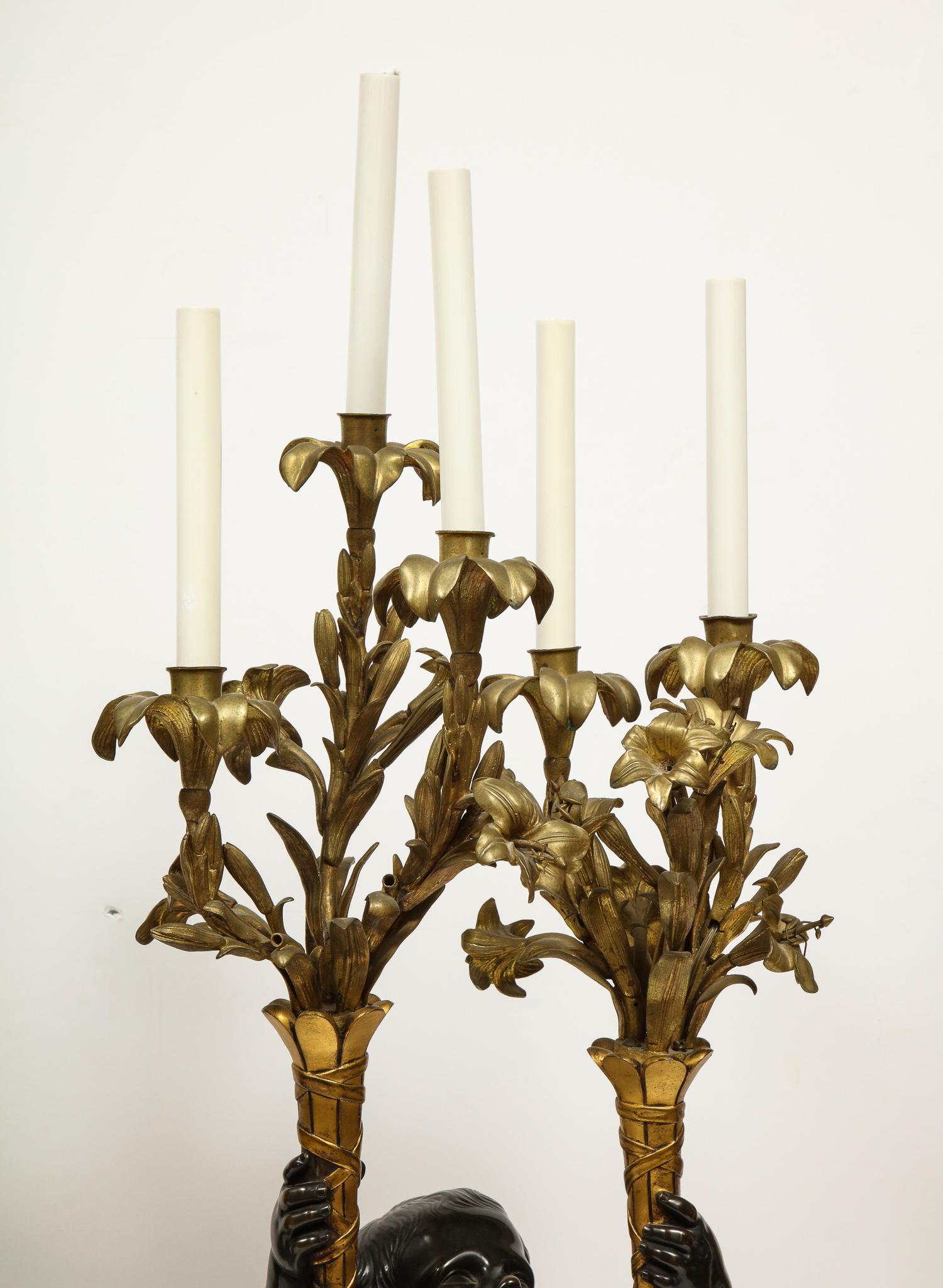 Monumental Pair of French Gilt and Patinated Bronze and Rouge Marble Candelabra In Good Condition In Queens, NY