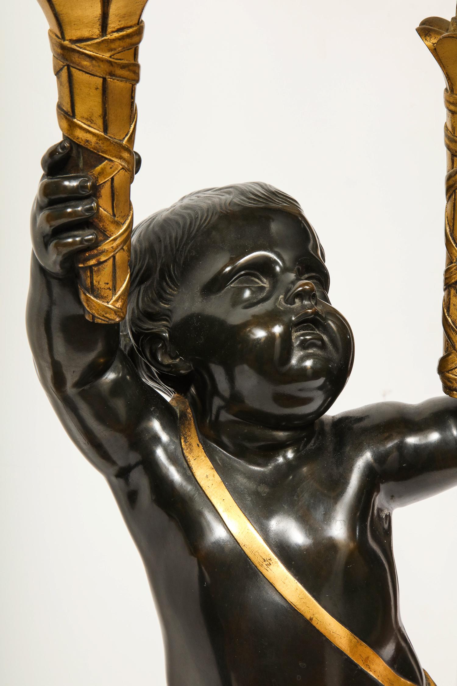 Monumental Pair of French Gilt and Patinated Bronze and Rouge Marble Candelabra 1