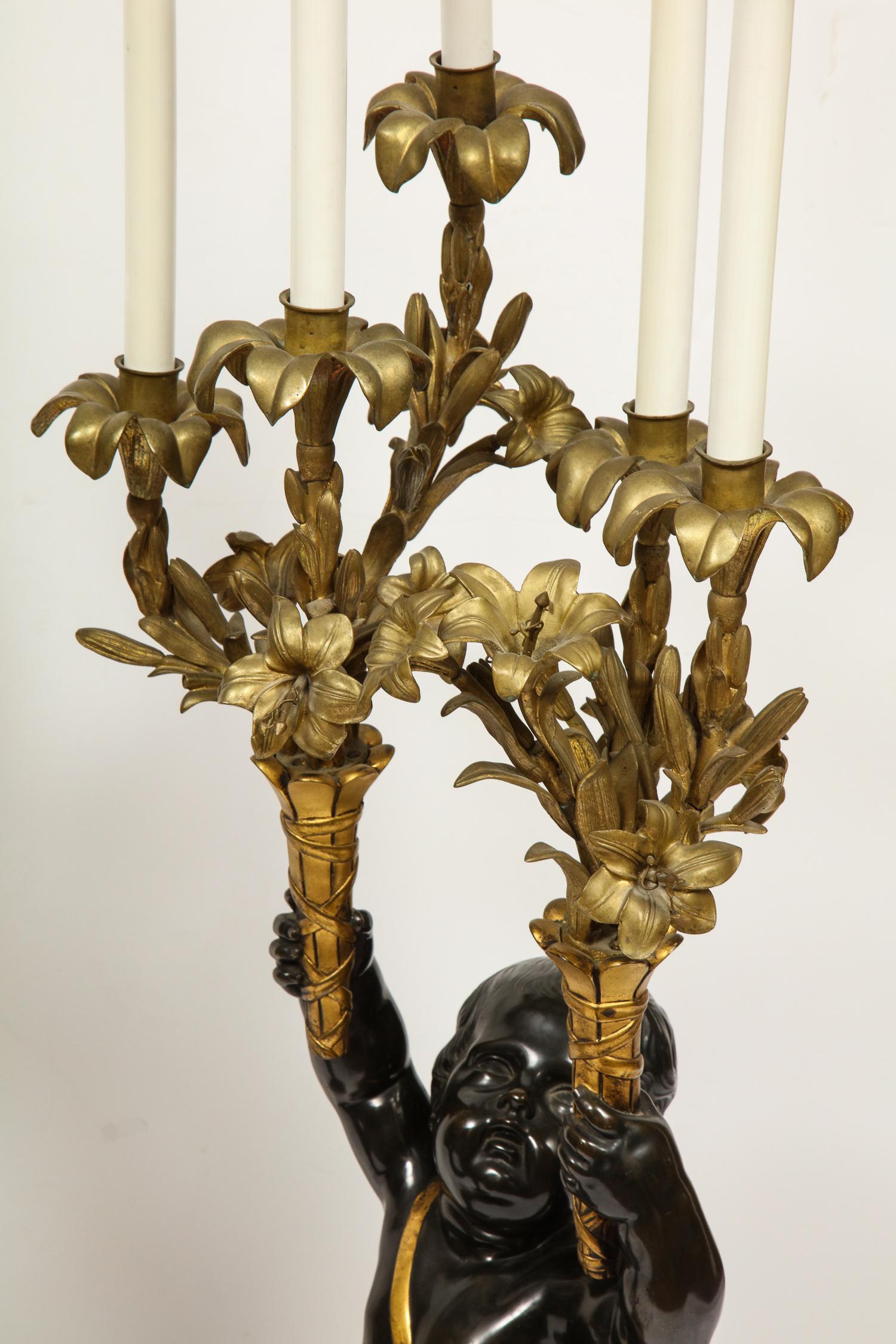Monumental Pair of French Gilt and Patinated Bronze and Rouge Marble Candelabra 4