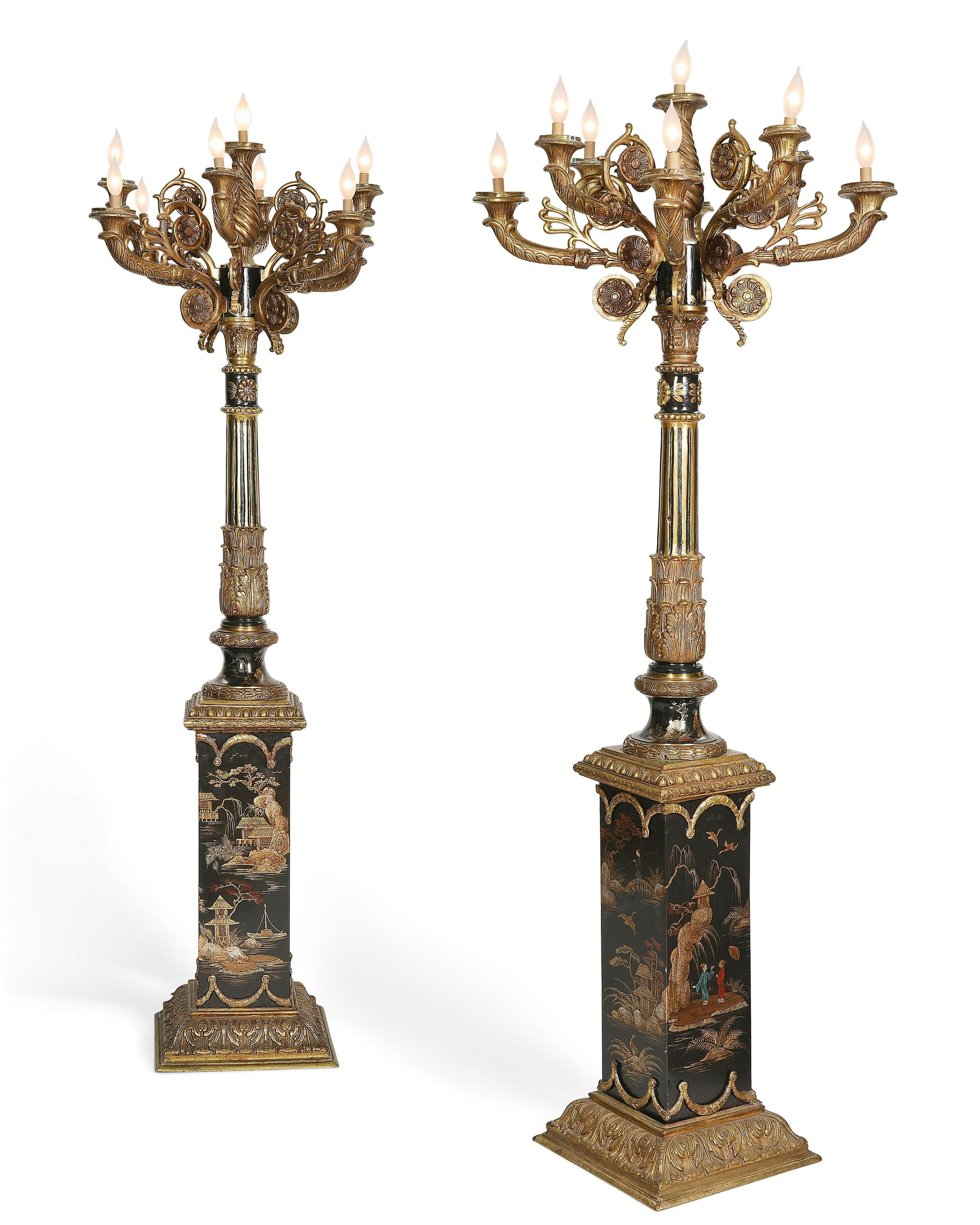 Monumental pair of French gilt bronze and Chinoiserie painted torcheres / candelabra 20th century.

Very decorative, perfect for any grand entrance. Similar torchieres like this are in the Plaza Hotel in New York City.....

Measures: 80