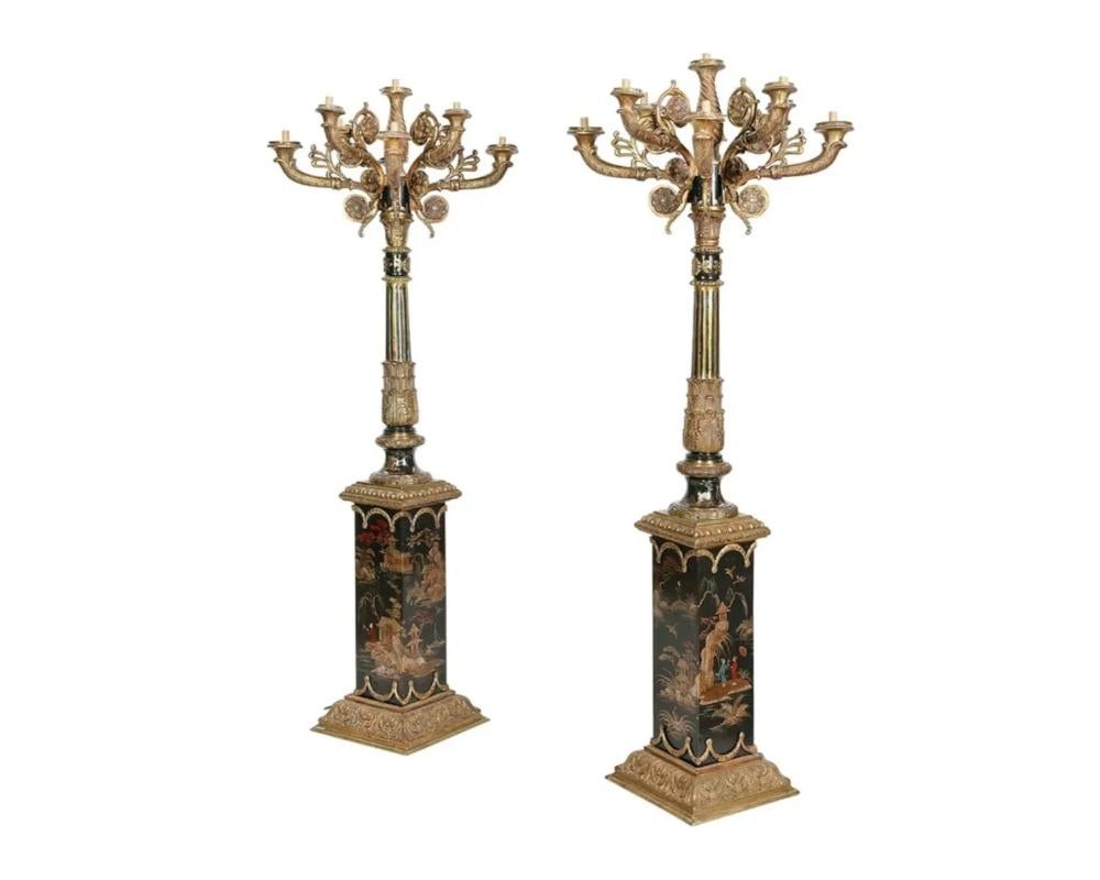 Monumental Pair of French Gilt Bronze and Chinoiserie Painted Torcheres In Good Condition In New York, NY