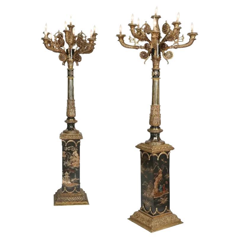 Monumental Pair of French Gilt Bronze and Chinoiserie Painted Torcheres For Sale