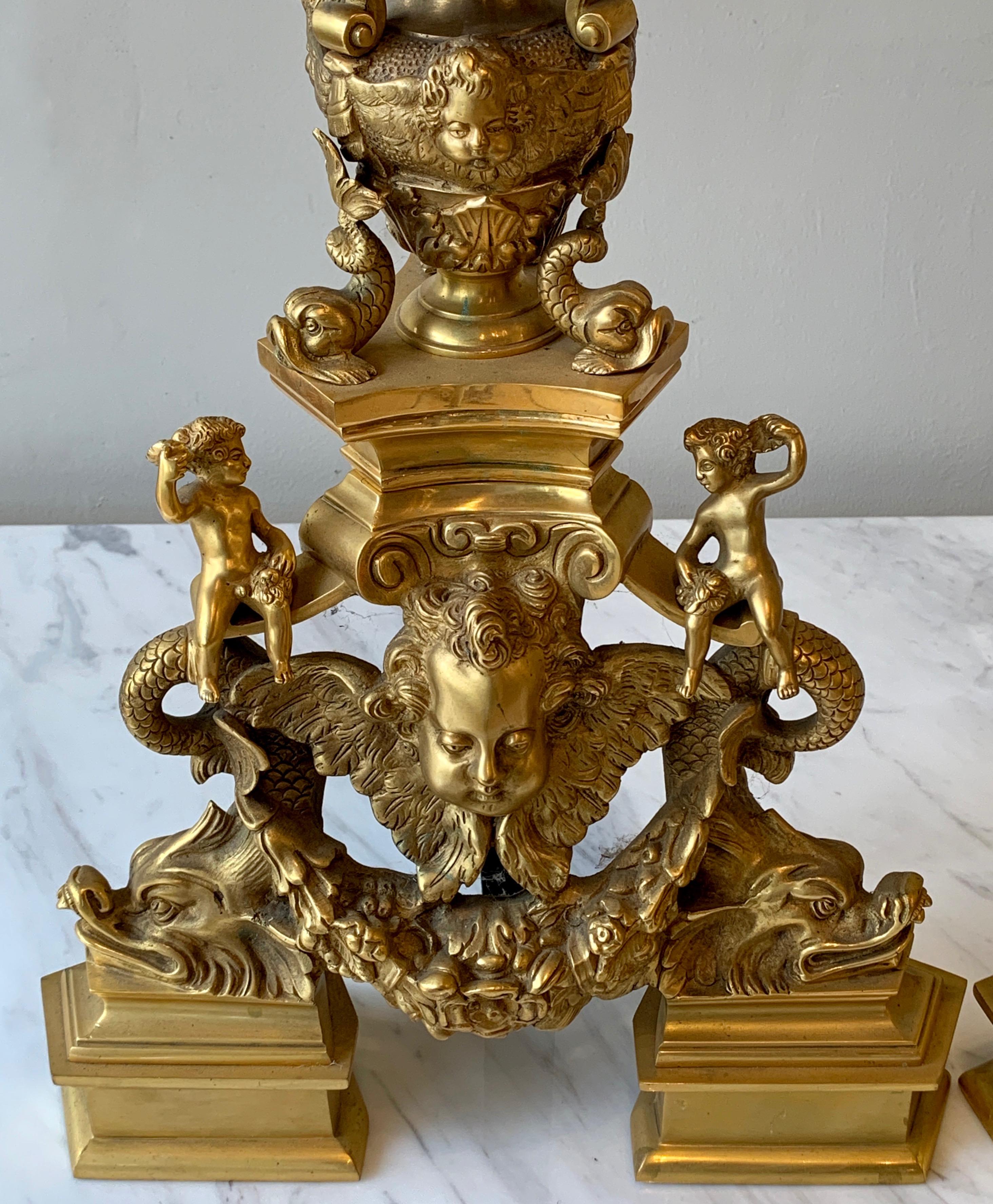 Monumental Pair of French Gilt Bronze Chenets 5