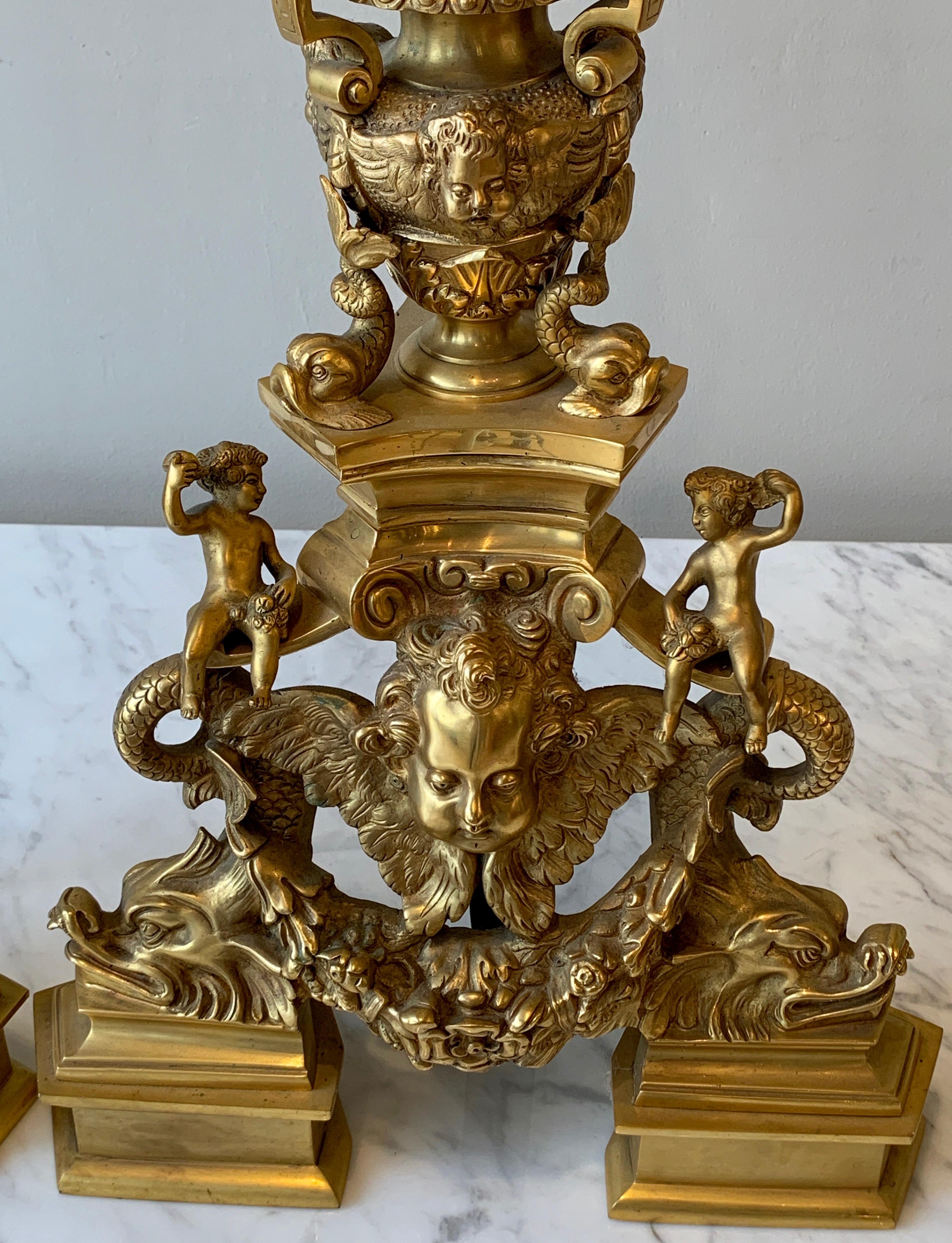 Monumental Pair of French Gilt Bronze Chenets 7