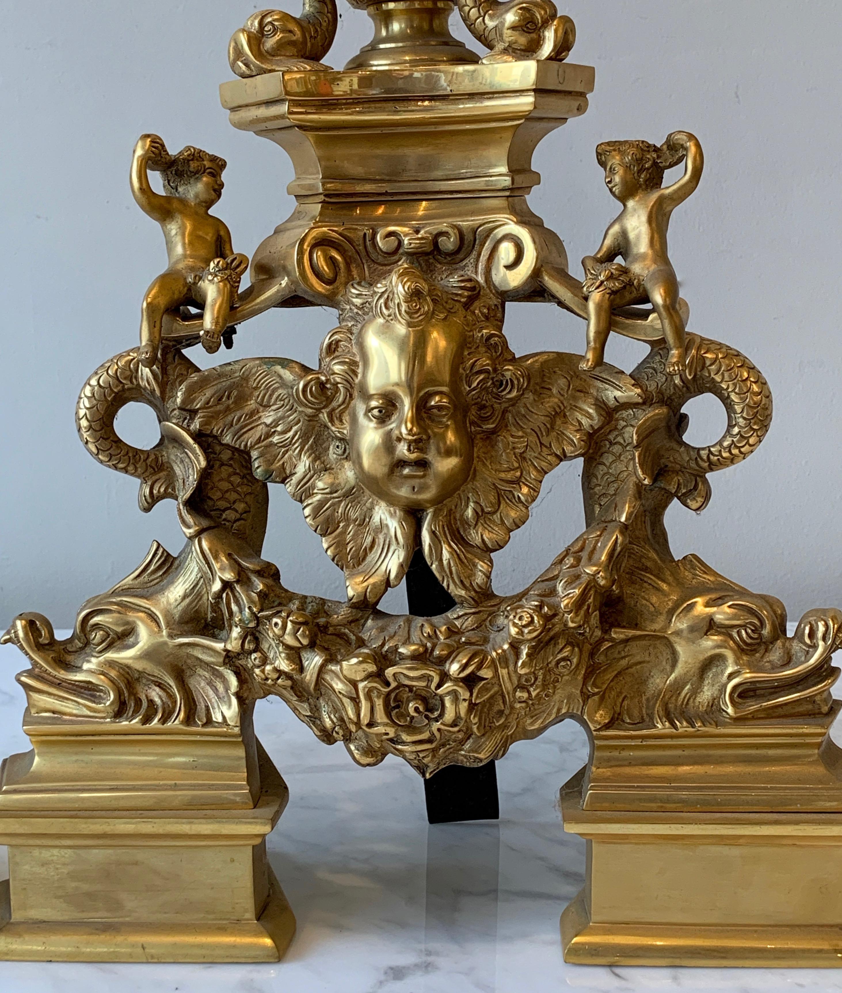 Monumental Pair of French Gilt Bronze Chenets 8