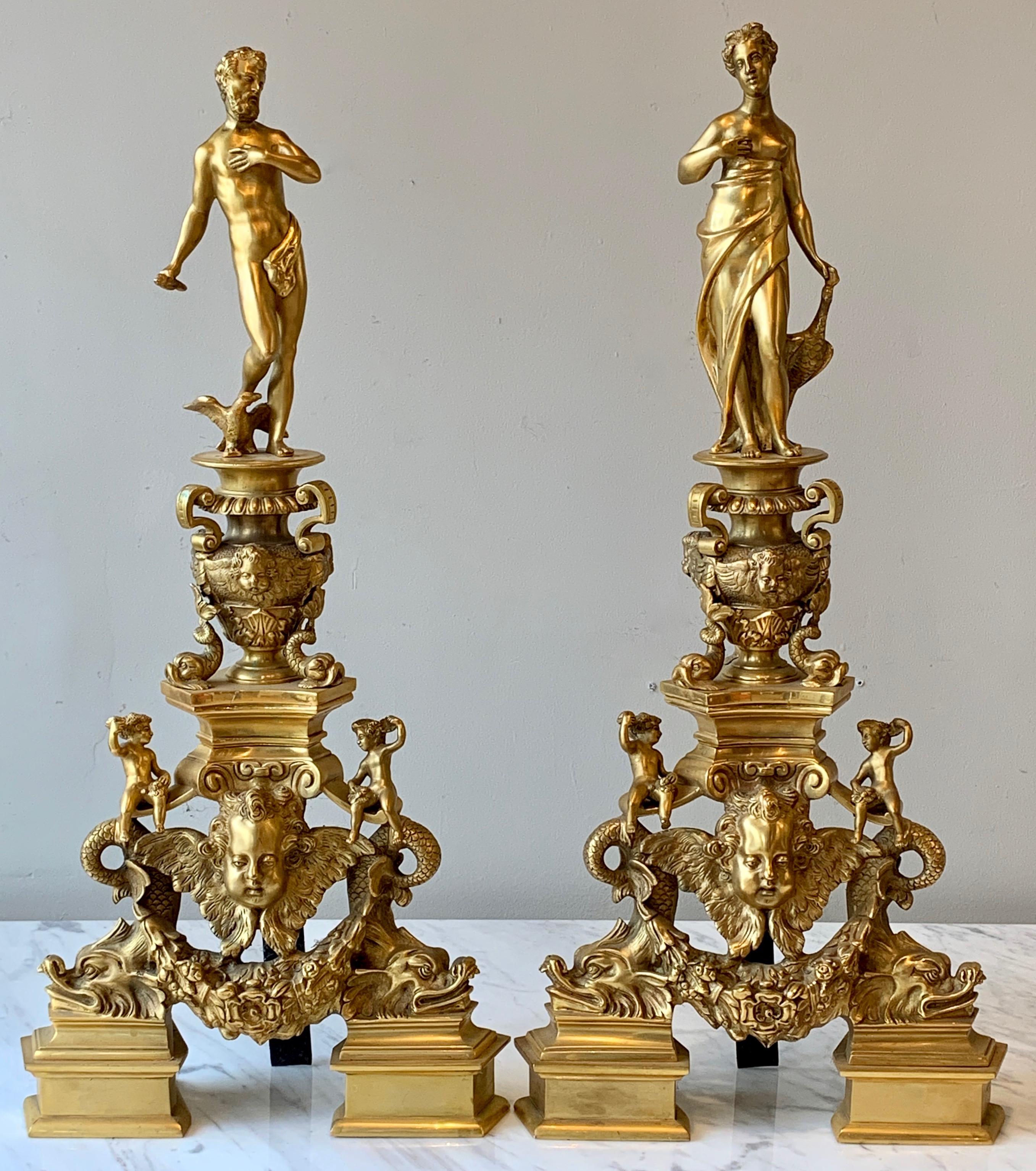 Baroque Monumental Pair of French Gilt Bronze Chenets