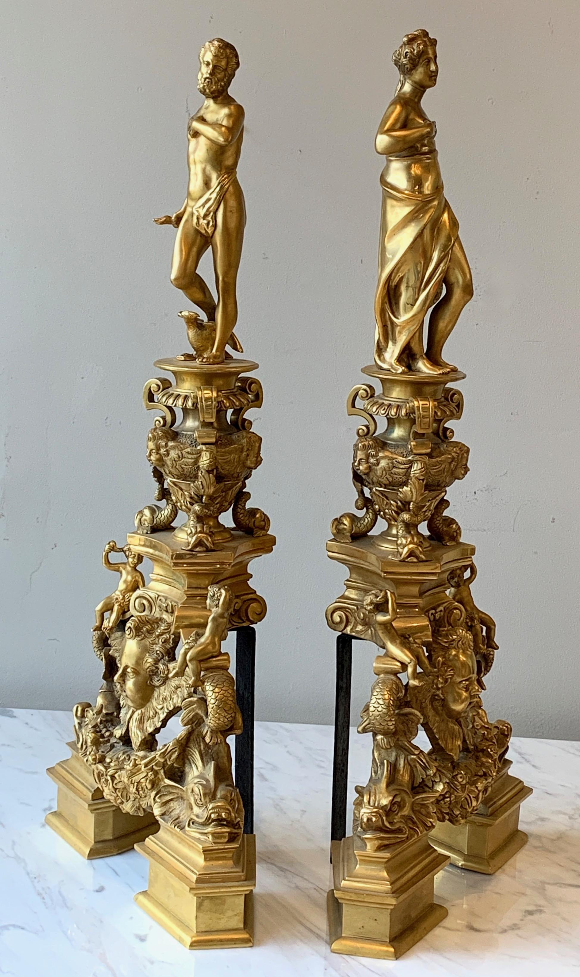 Monumental Pair of French Gilt Bronze Chenets In Good Condition In Kilmarnock, VA