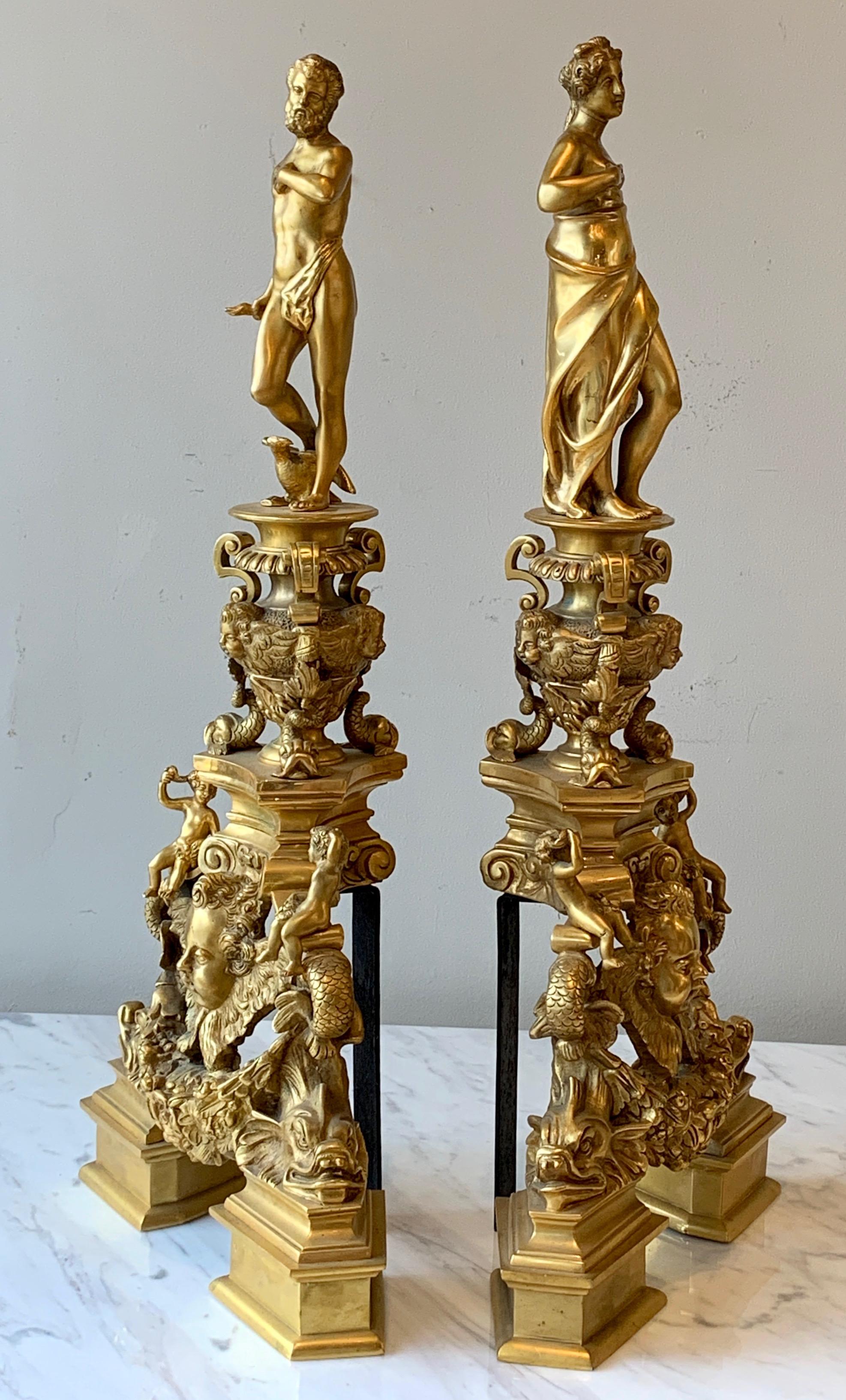 Mid-20th Century Monumental Pair of French Gilt Bronze Chenets