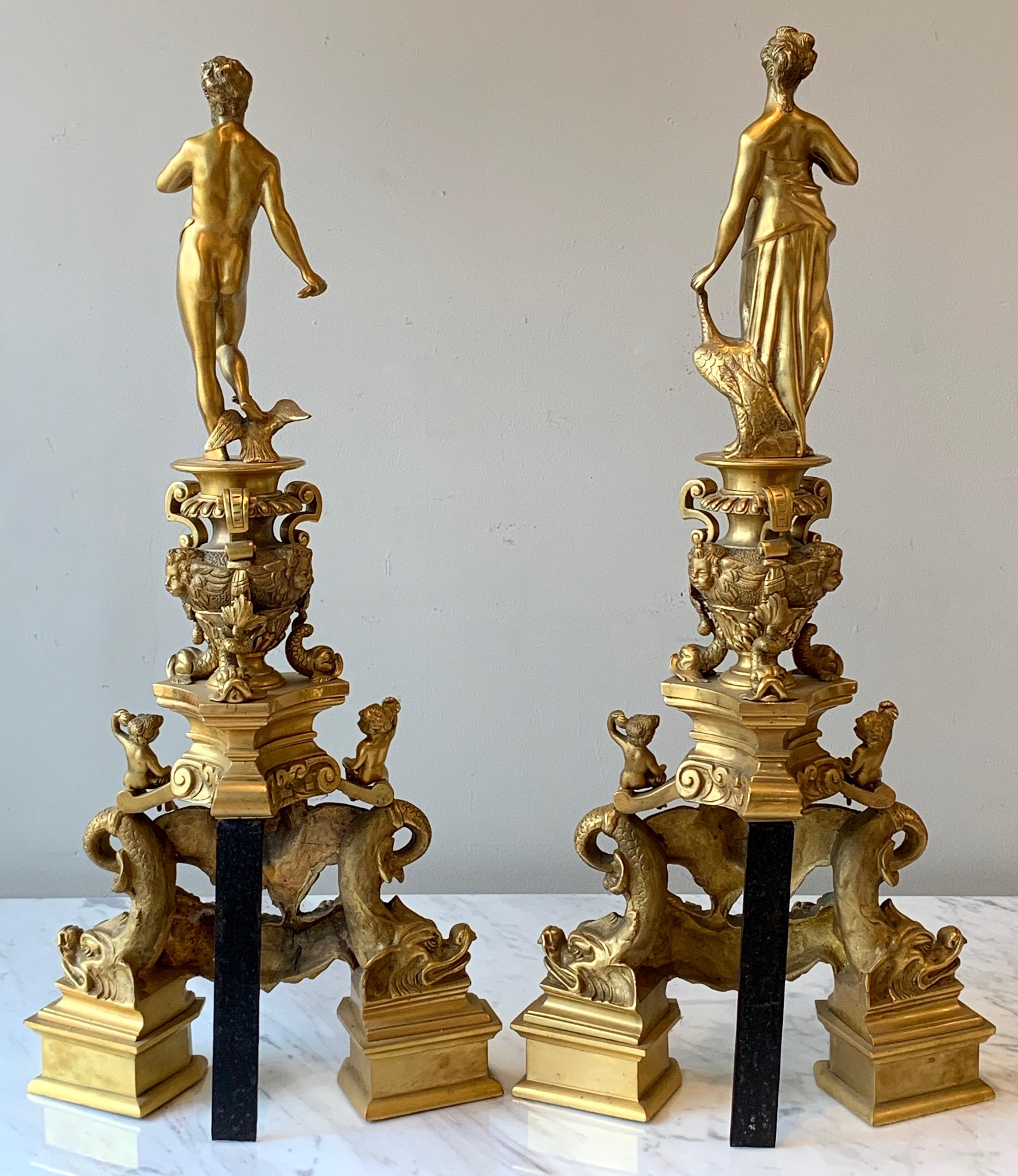 Monumental Pair of French Gilt Bronze Chenets 1