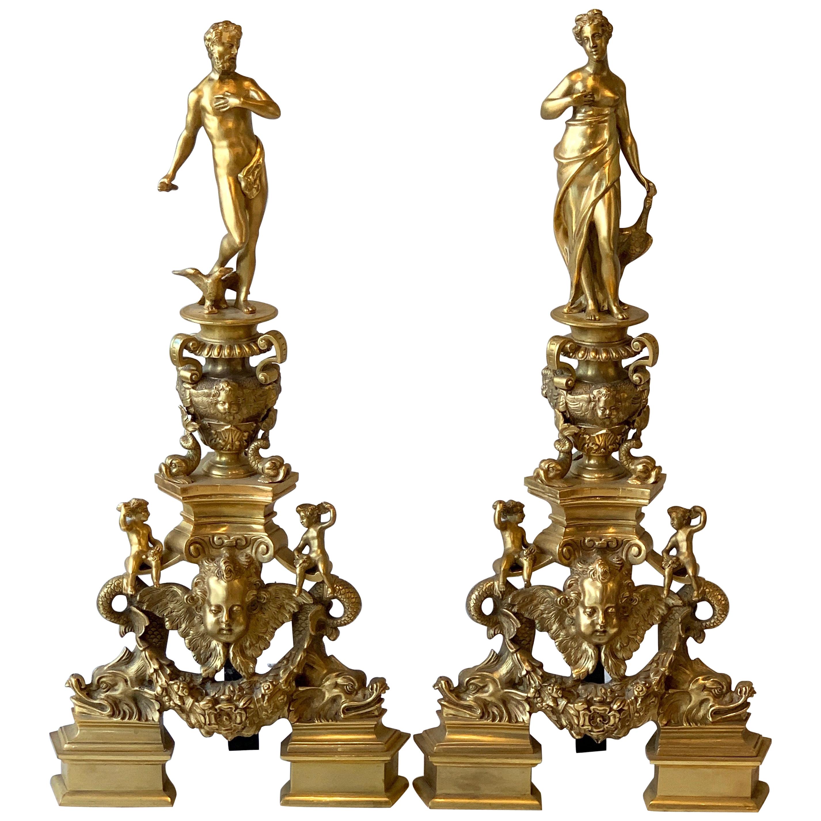 Monumental Pair of French Gilt Bronze Chenets