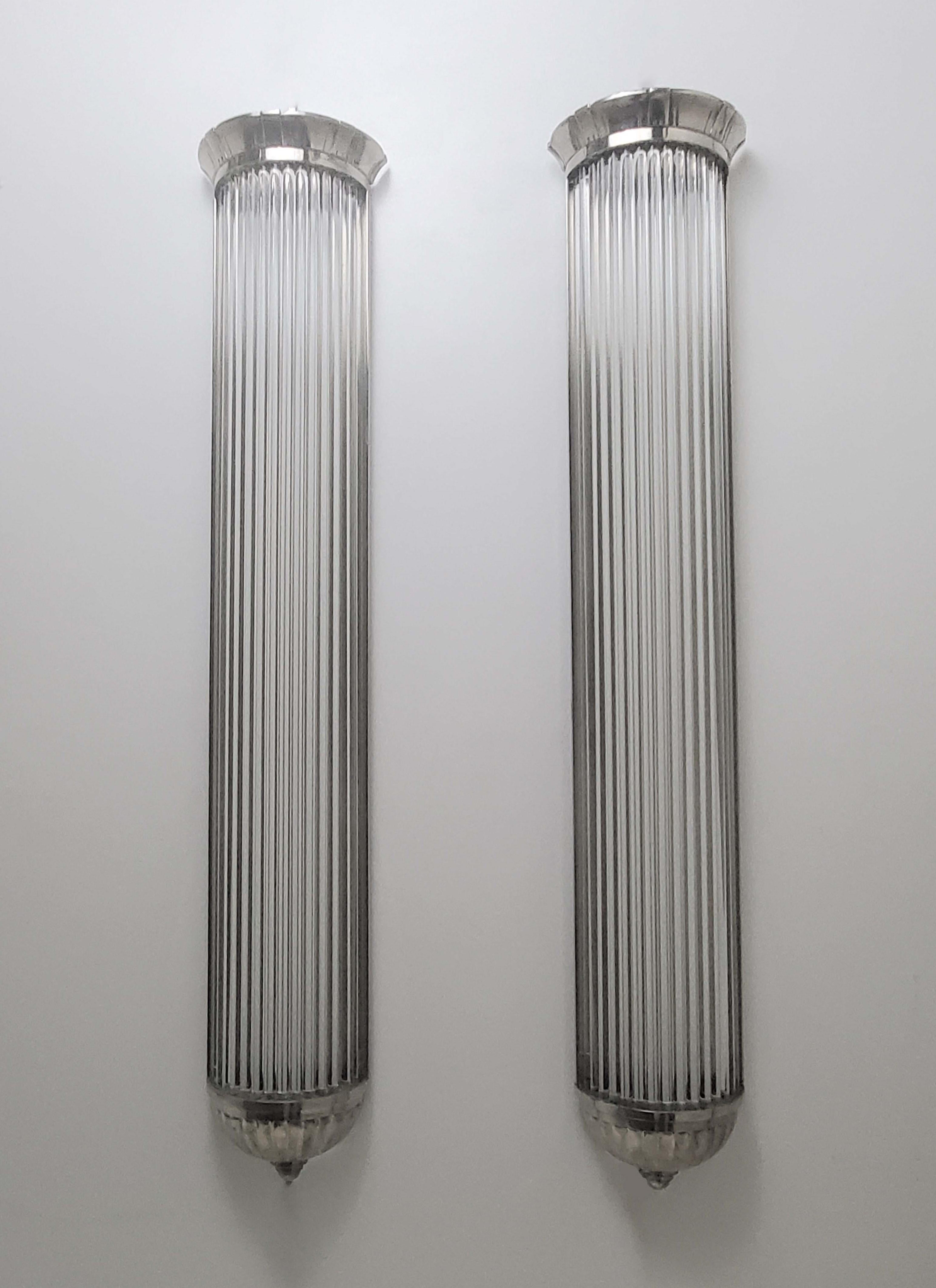 Art Deco Monumental Pair of French Modernist Long Tubular Sconces by Petitot For Sale