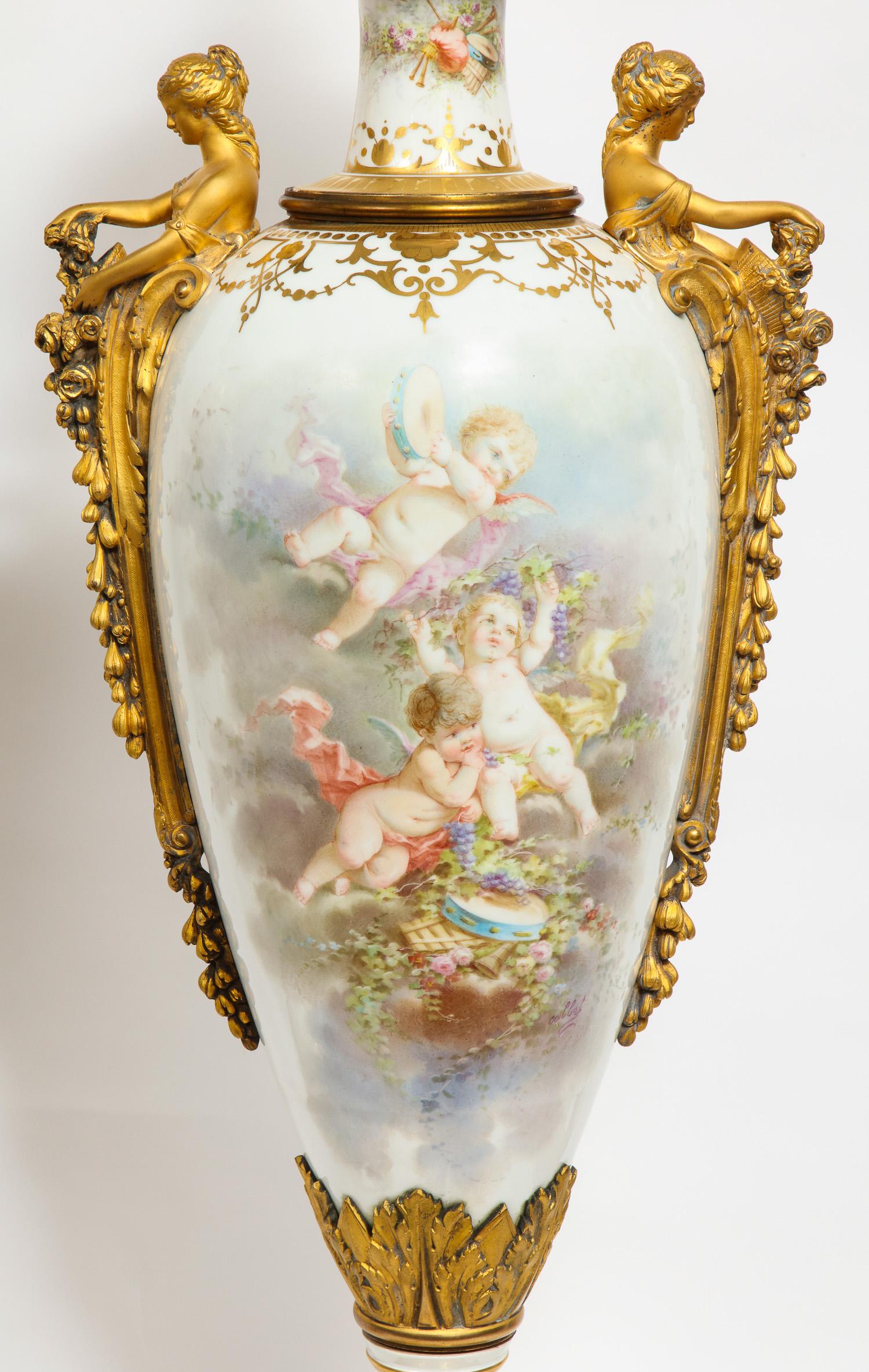 Monumental Pair of French Ormolu-Mounted White Sèvres Porcelain Vases and Covers In Good Condition In New York, NY