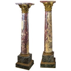 Monumental Pair of Gilt Bronze Mounted Marble Pedestal