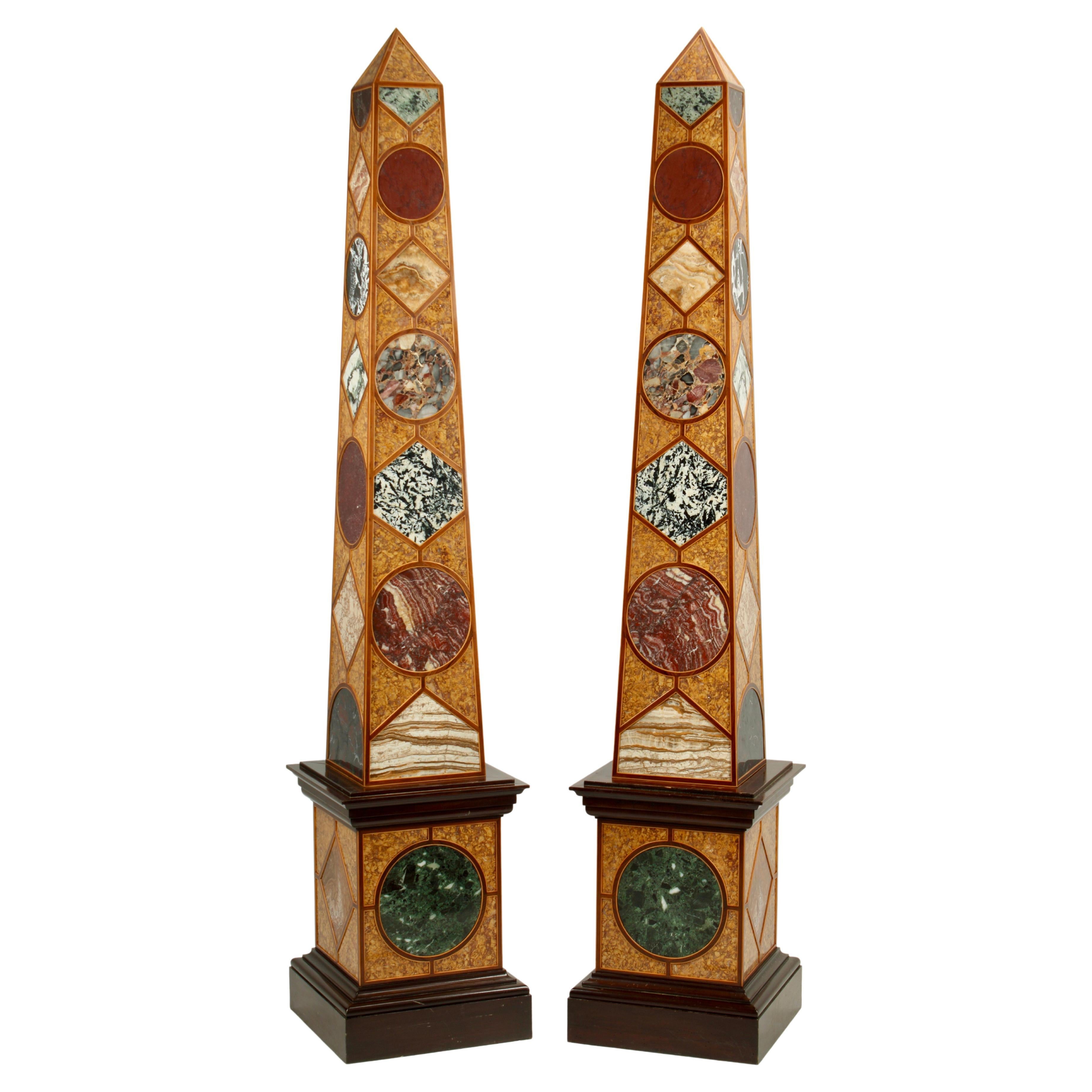 Monumental Marble Inlaid Obelisks, Grand Tour Style For Sale