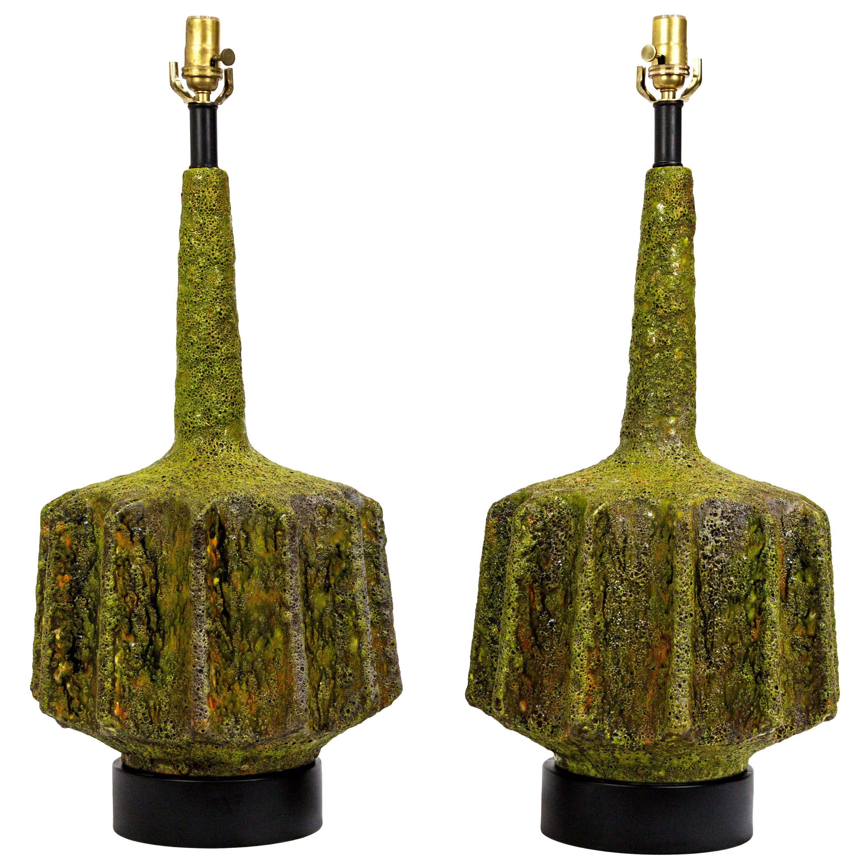 Monumental Pair of Green Lava Glaze Lamps by Volcano Fantoni