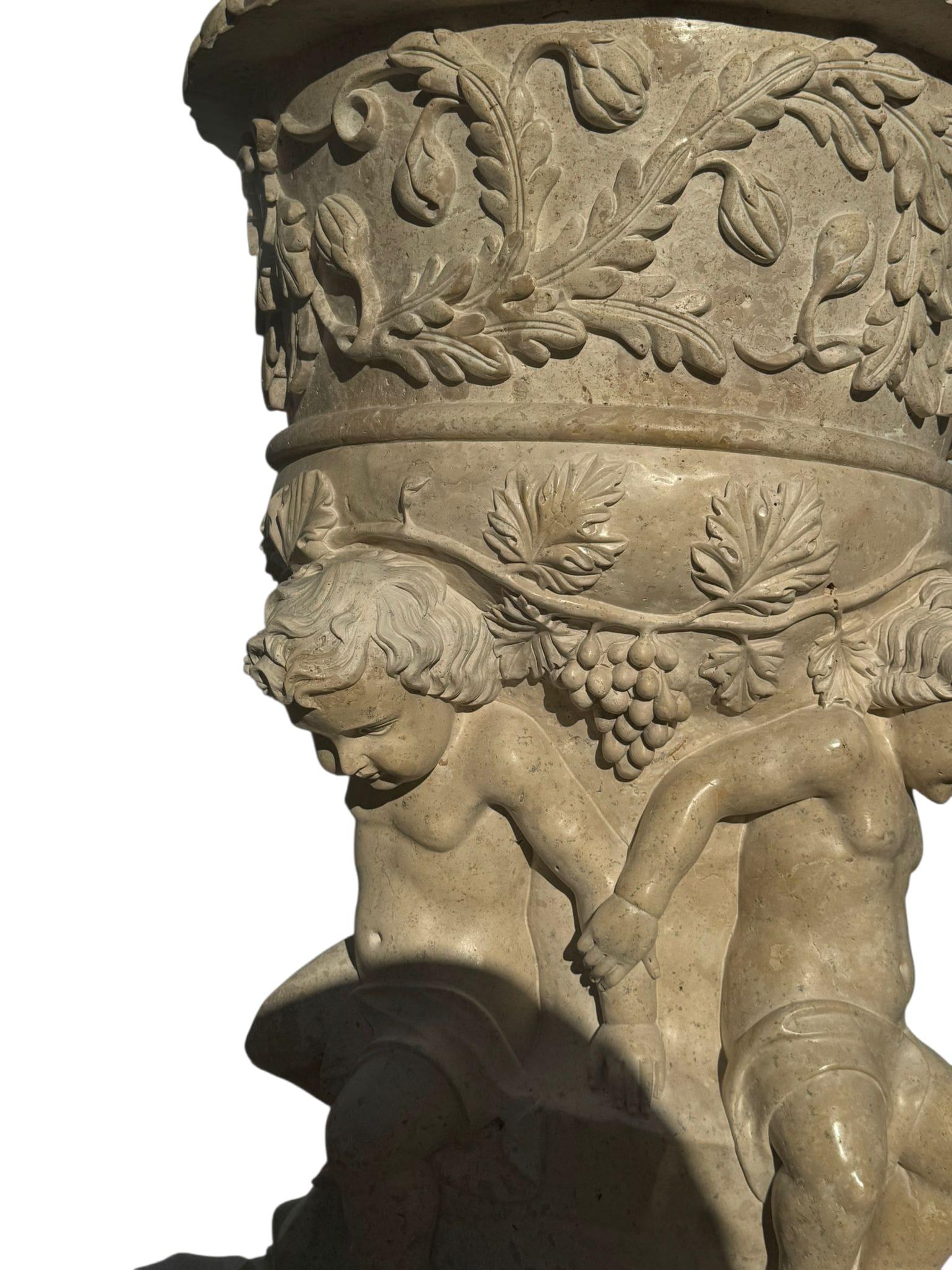 Monumental Pair of Hand-Carved Italian Marble Urns with Cherubs, 20th Century In Good Condition For Sale In Madrid, ES