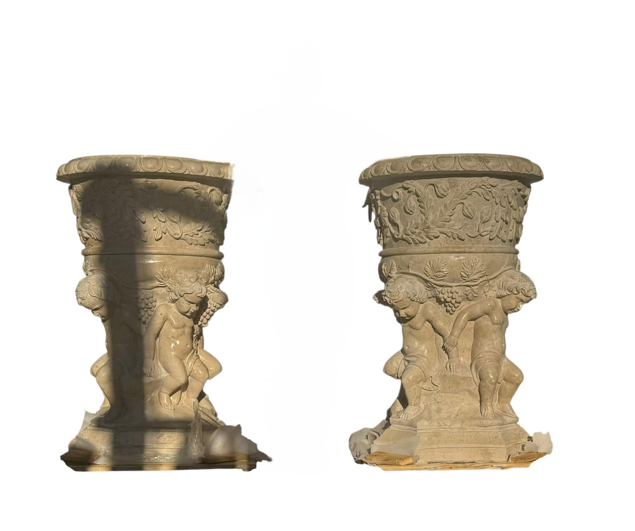 Late 20th Century Monumental Pair of Hand-Carved Italian Marble Urns with Cherubs, 20th Century For Sale