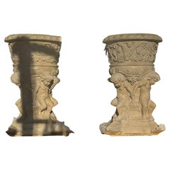 Monumental Pair of Hand-Carved Italian Marble Urns with Cherubs, 20th Century