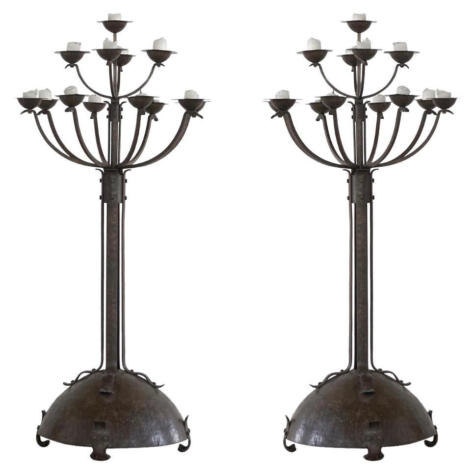 Monumental Pair of Hand Forged Art Deco Candle Holders 1930s