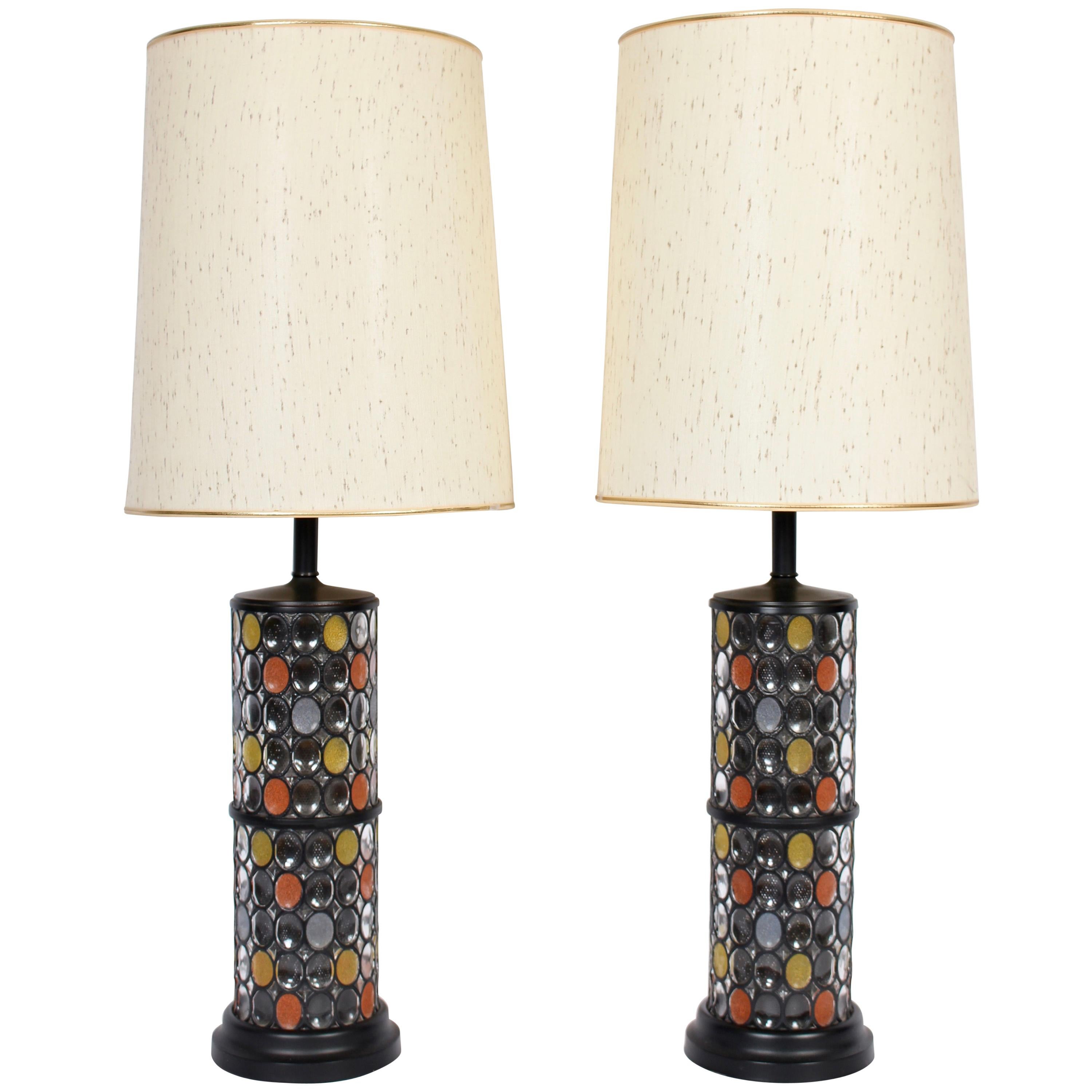 Monumental Pair of Higgins Glass Style Fused Glass Table Lamps, 1950s