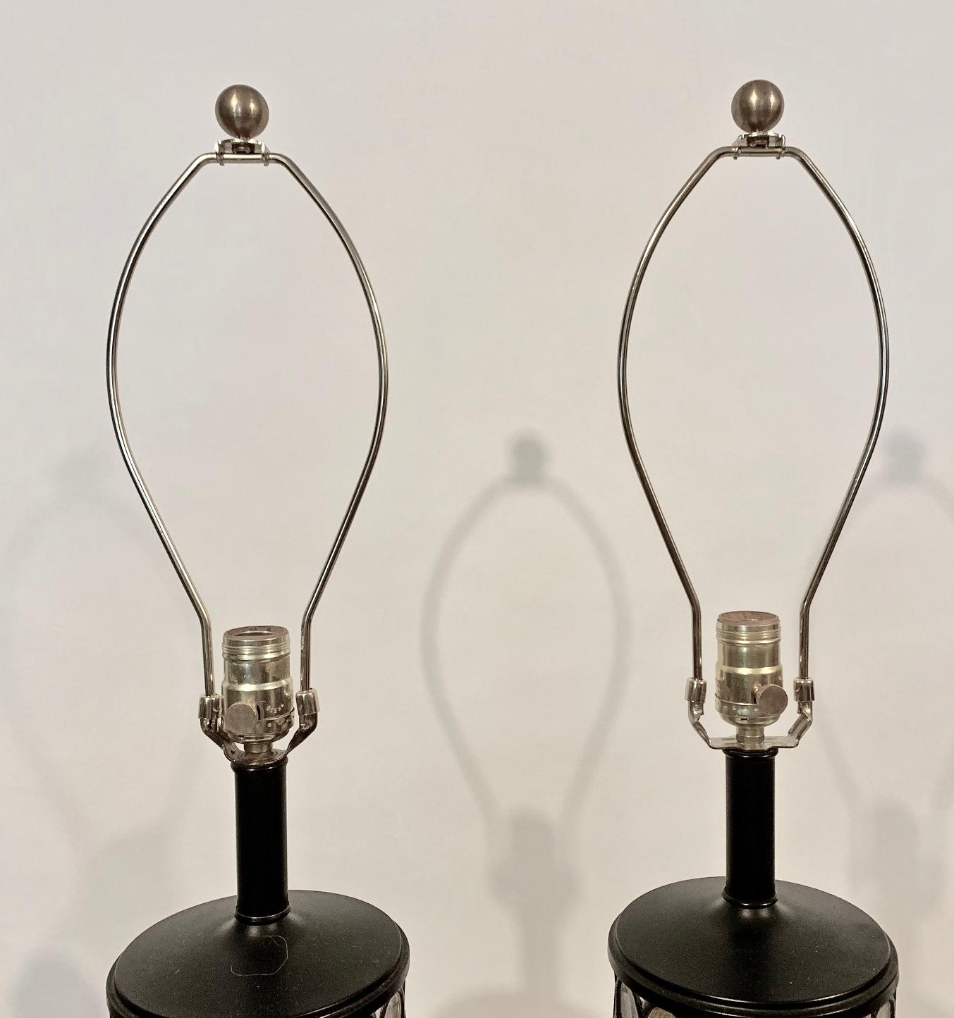 Monumental Pair of Higgins Style Fused Glass & Black Enamel Table Lamps, 1950s 3