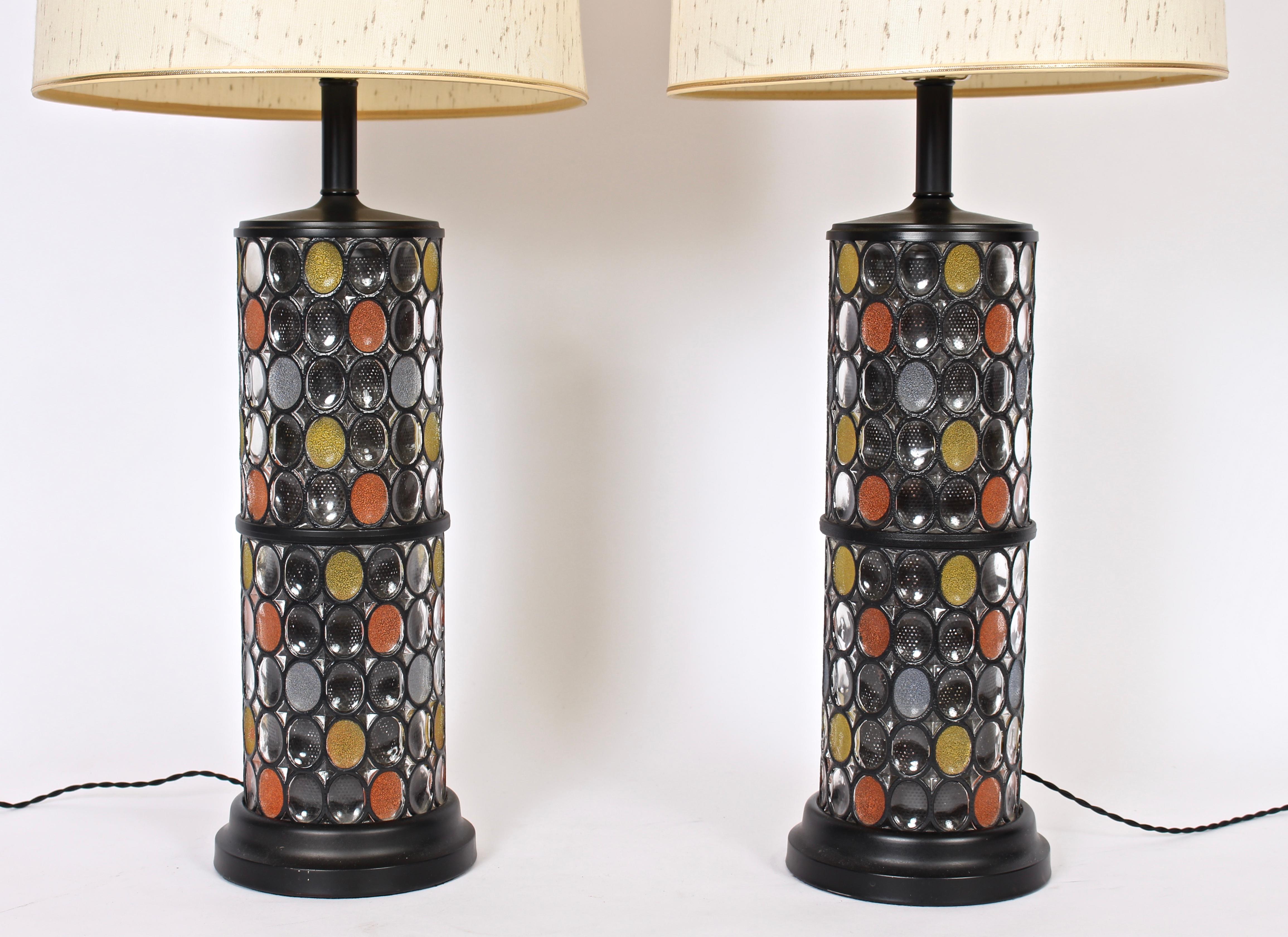 Monumental Pair of Higgins Style Fused Glass & Black Enamel Table Lamps, 1950s 4