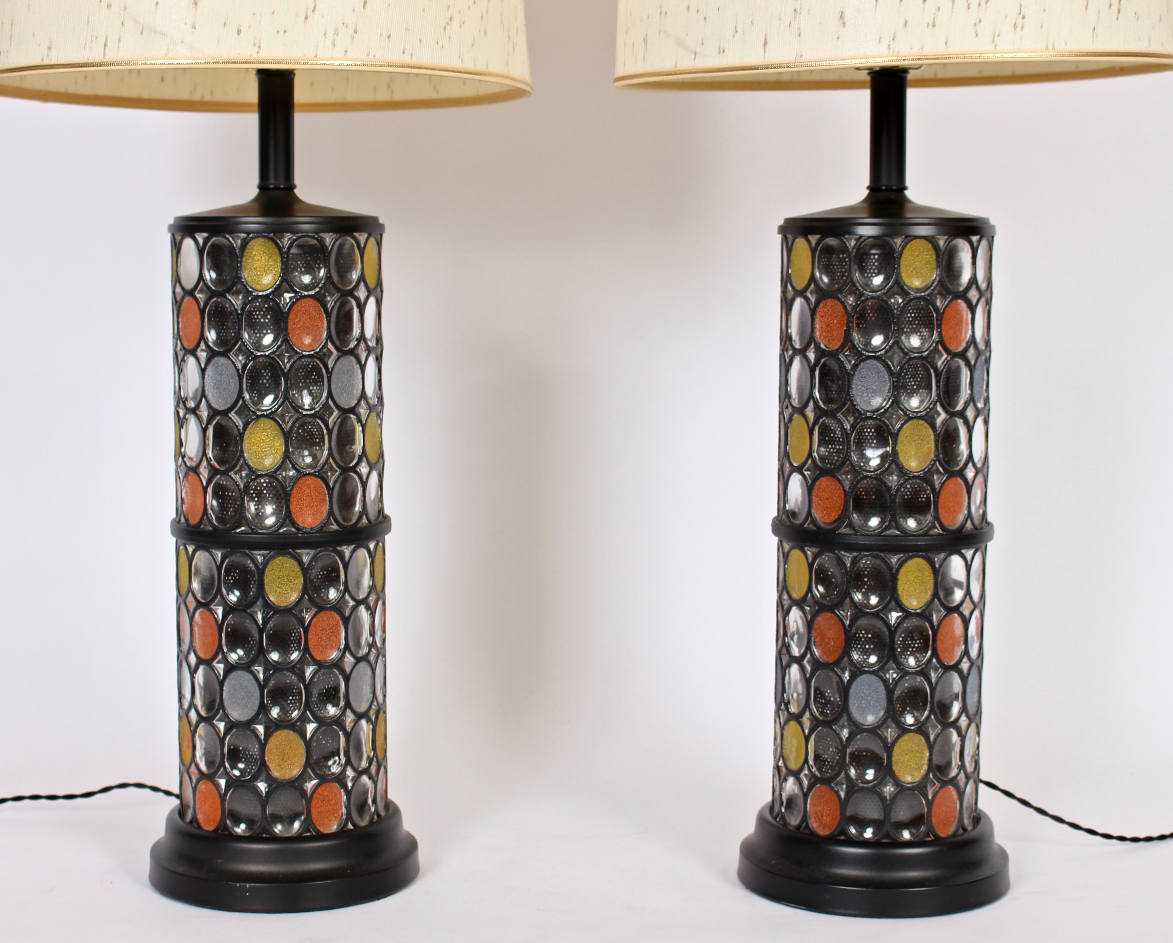 Mid-Century Modern Monumental Pair of Higgins Style Fused Glass & Black Enamel Table Lamps, 1950s
