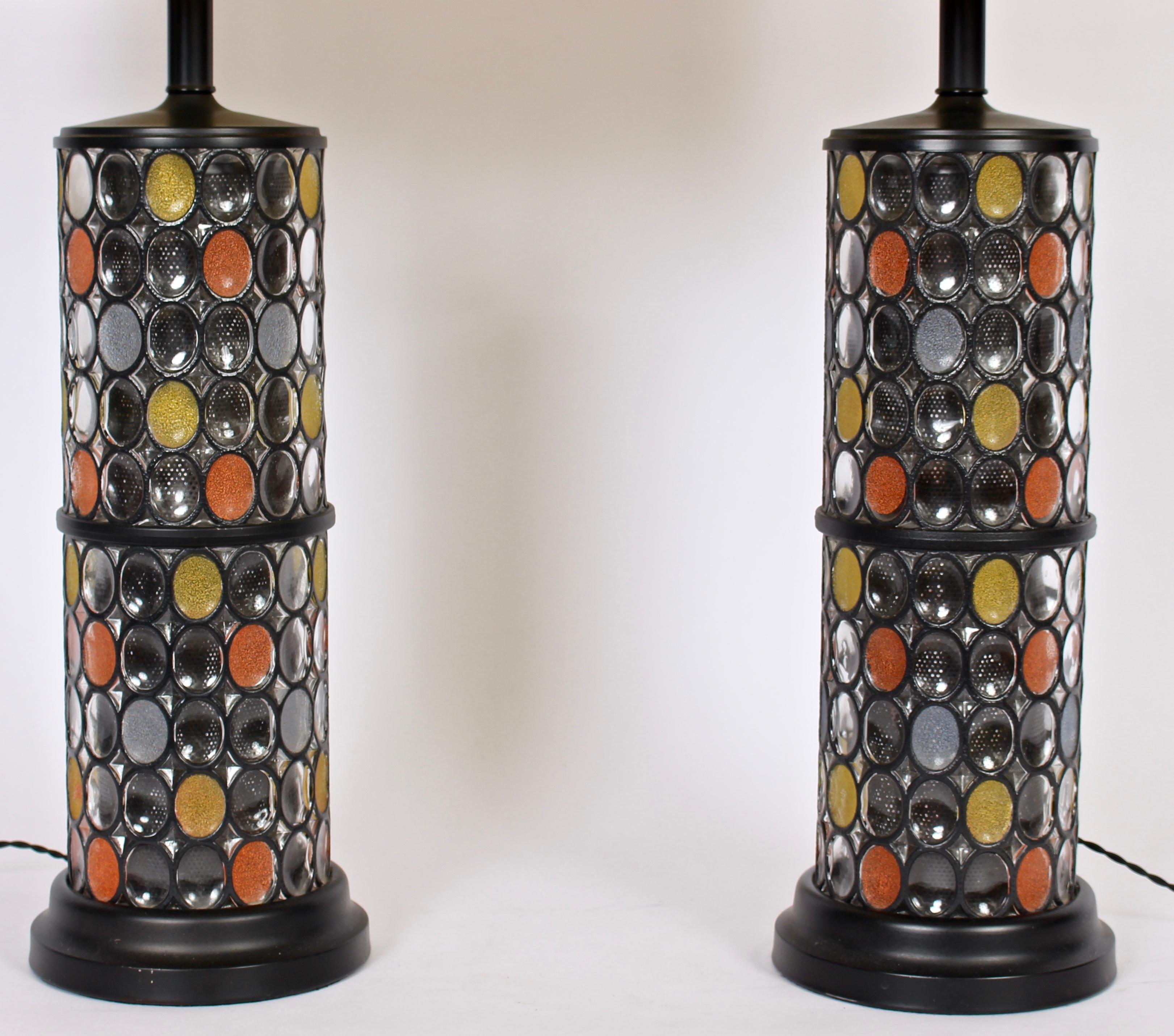American Monumental Pair of Higgins Style Fused Glass & Black Enamel Table Lamps, 1950s